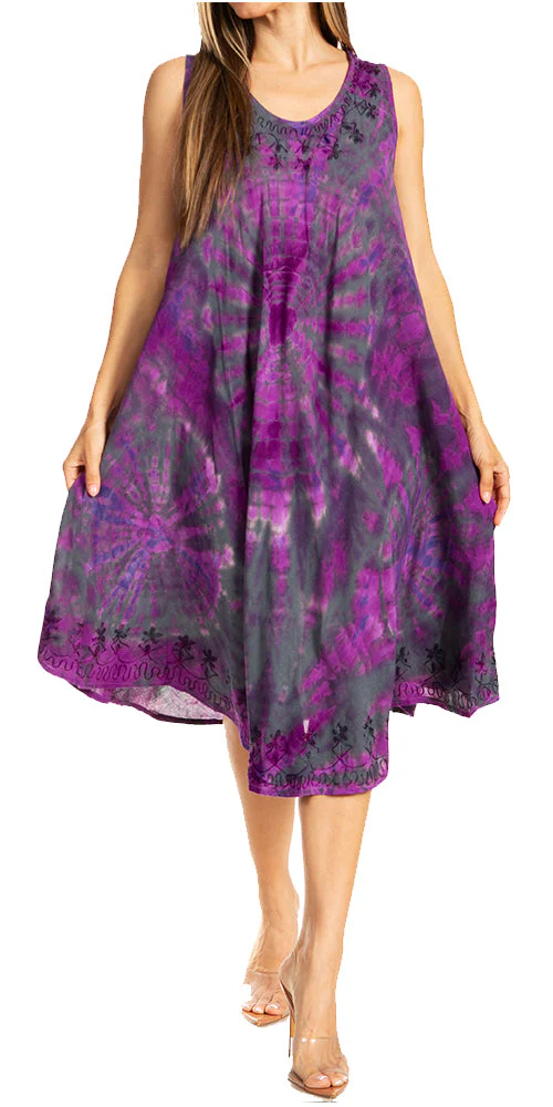 Sakkas Nora Sleeveless Embroidered Short Tie Dye Caftan Dress / Cover Up - Image 141