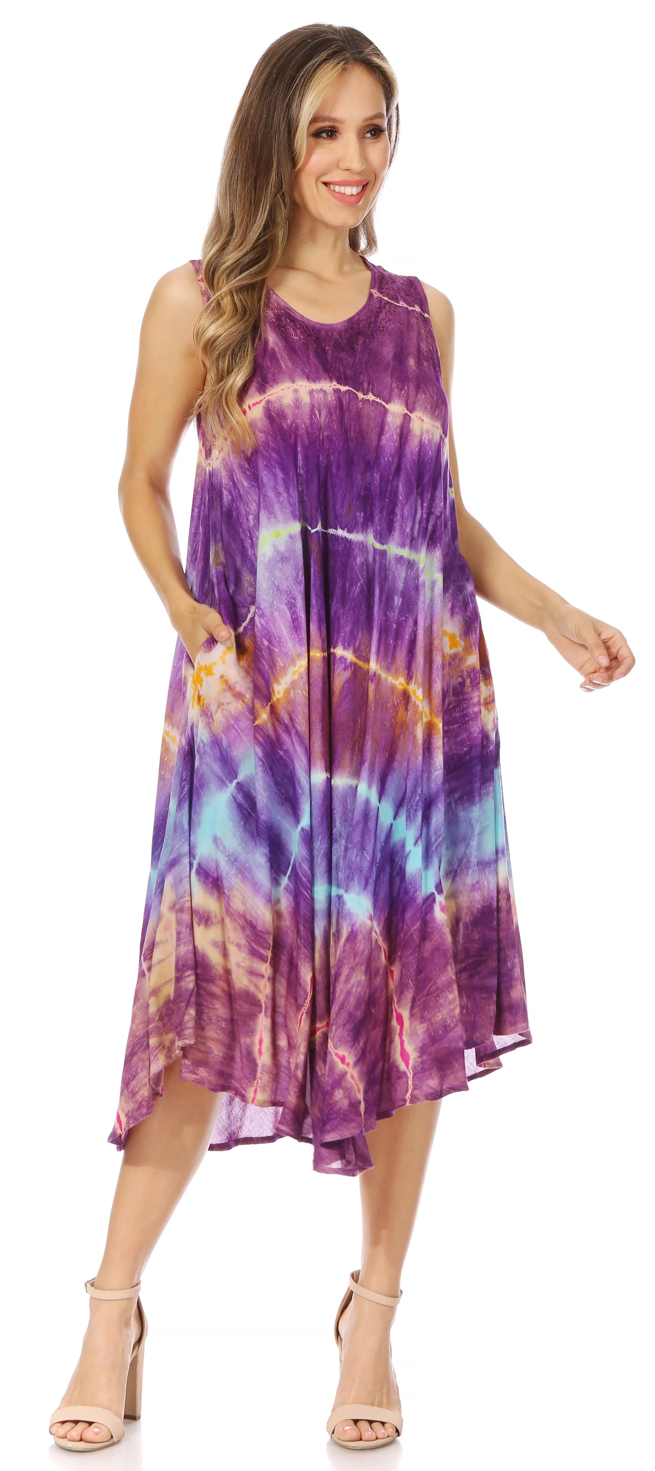 Sakkas Nora Sleeveless Embroidered Short Tie Dye Caftan Dress / Cover Up - Image 25