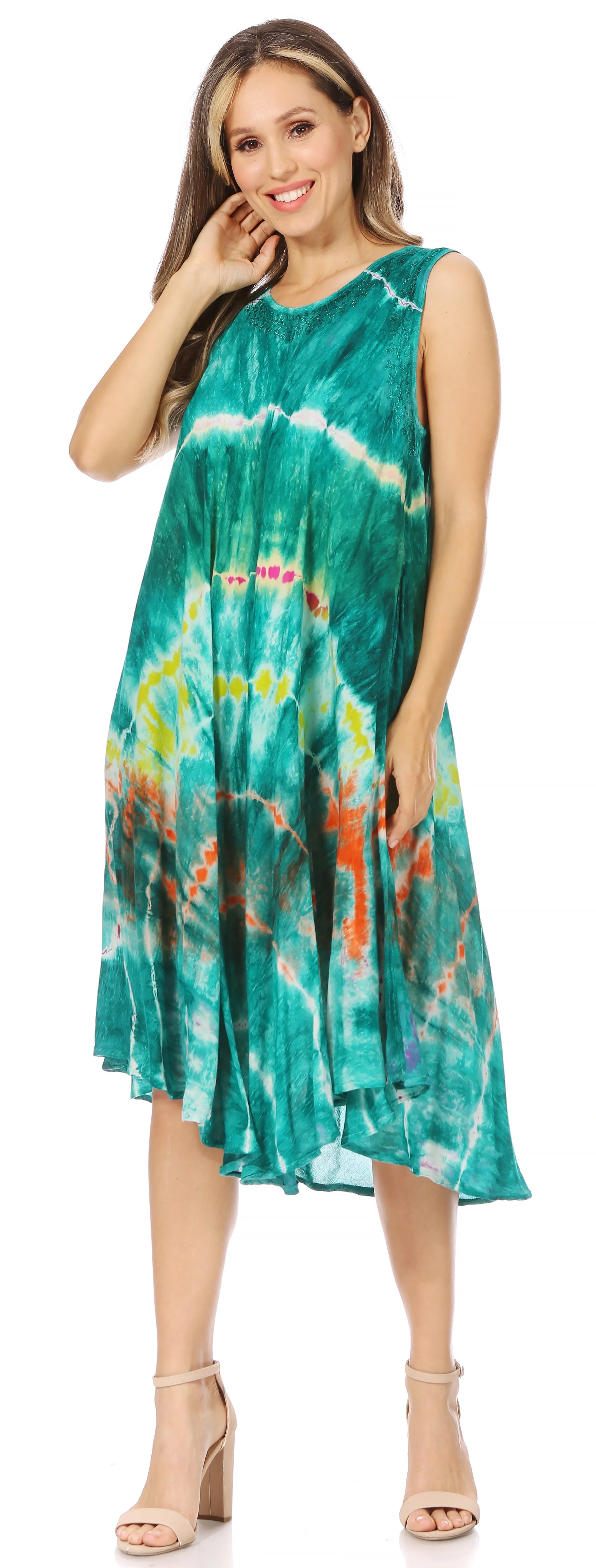 Sakkas Nora Sleeveless Embroidered Short Tie Dye Caftan Dress / Cover Up - Image 35