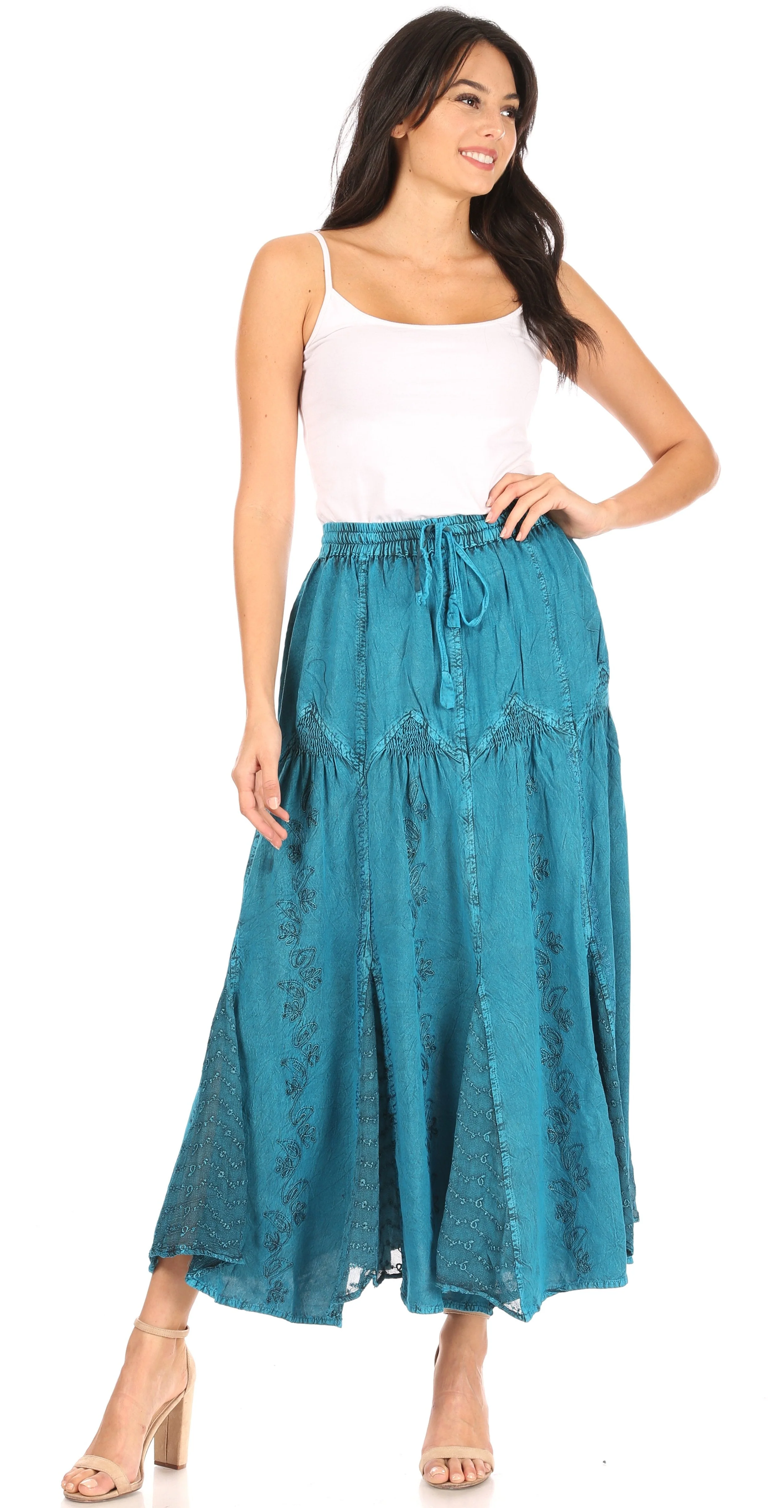 Sakkas Olivia Womens Maxi Bohemian Gypsy Long Skirt With Elastic Waist and Lace - Image 40