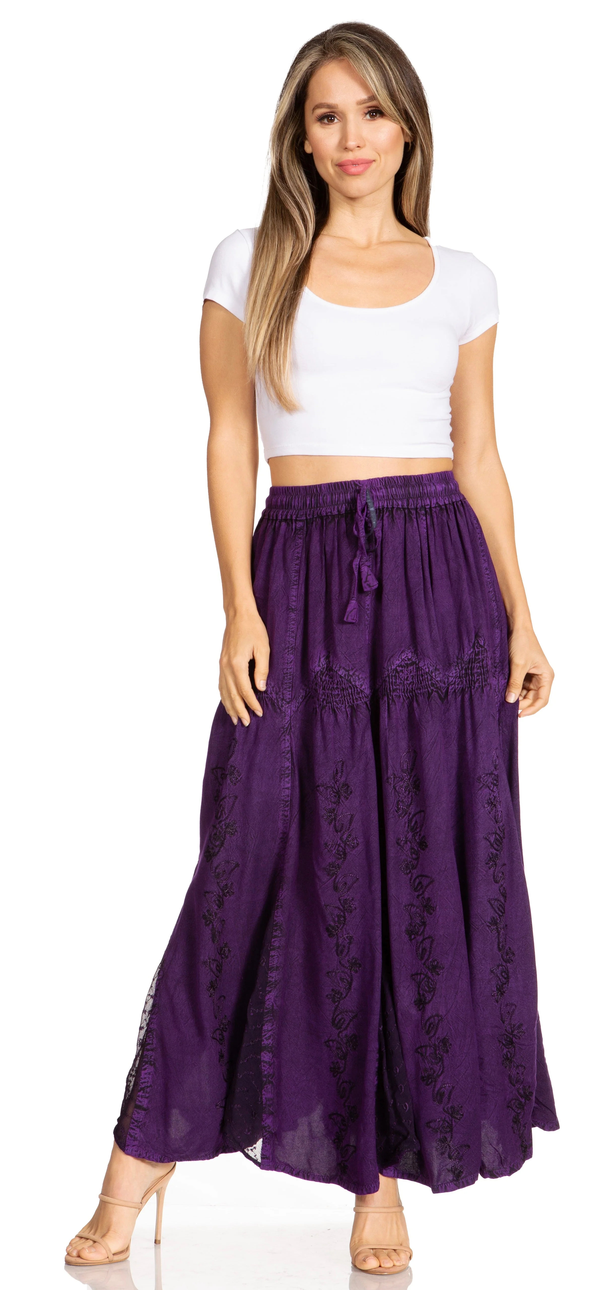 Sakkas Olivia Womens Maxi Bohemian Gypsy Long Skirt With Elastic Waist and Lace - Image 50