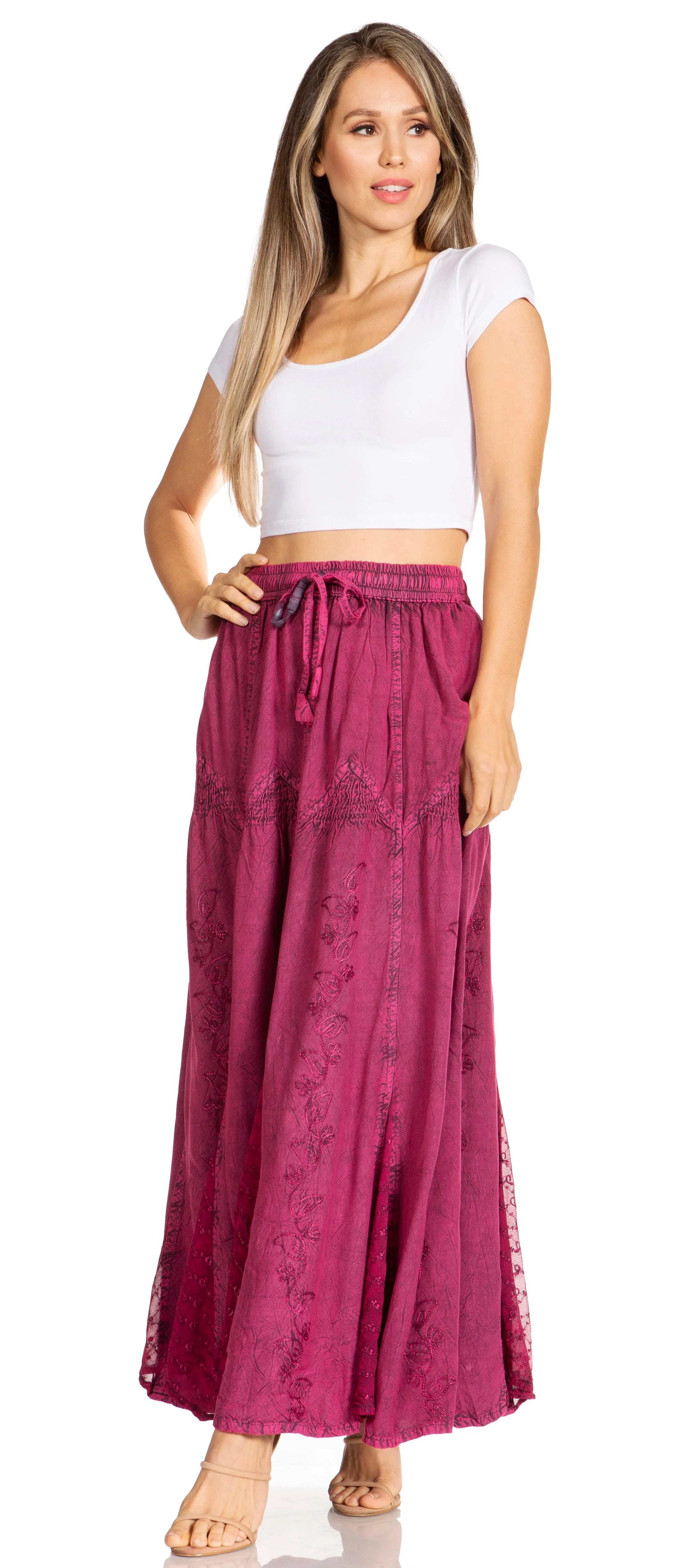 Sakkas Olivia Womens Maxi Bohemian Gypsy Long Skirt With Elastic Waist and Lace - Image 55