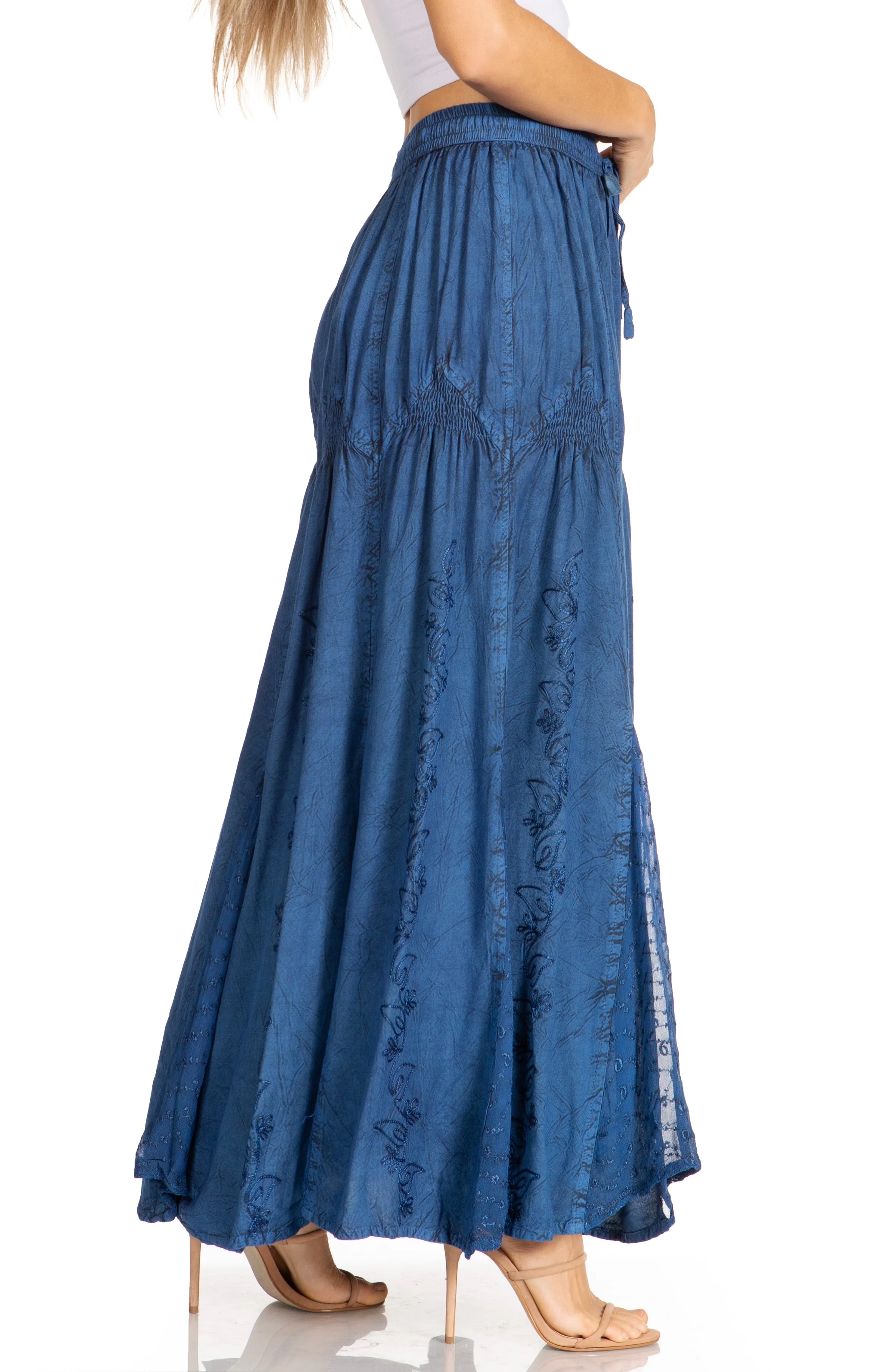 Sakkas Olivia Womens Maxi Bohemian Gypsy Long Skirt With Elastic Waist and Lace - Image 59