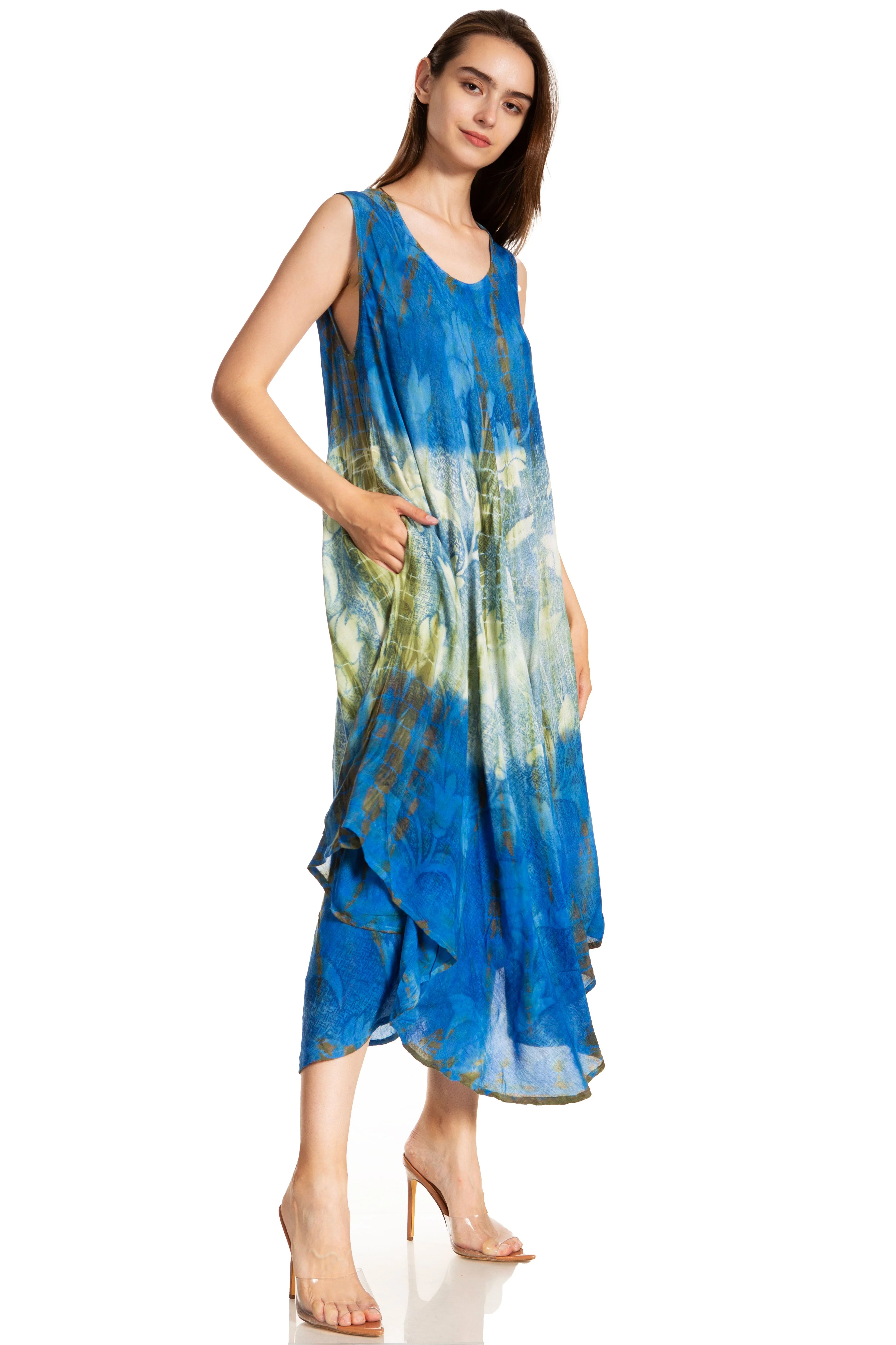 Sakkas Ombre Floral Tie Dye Tank Sheath Caftan Rayon Dress - Image 4