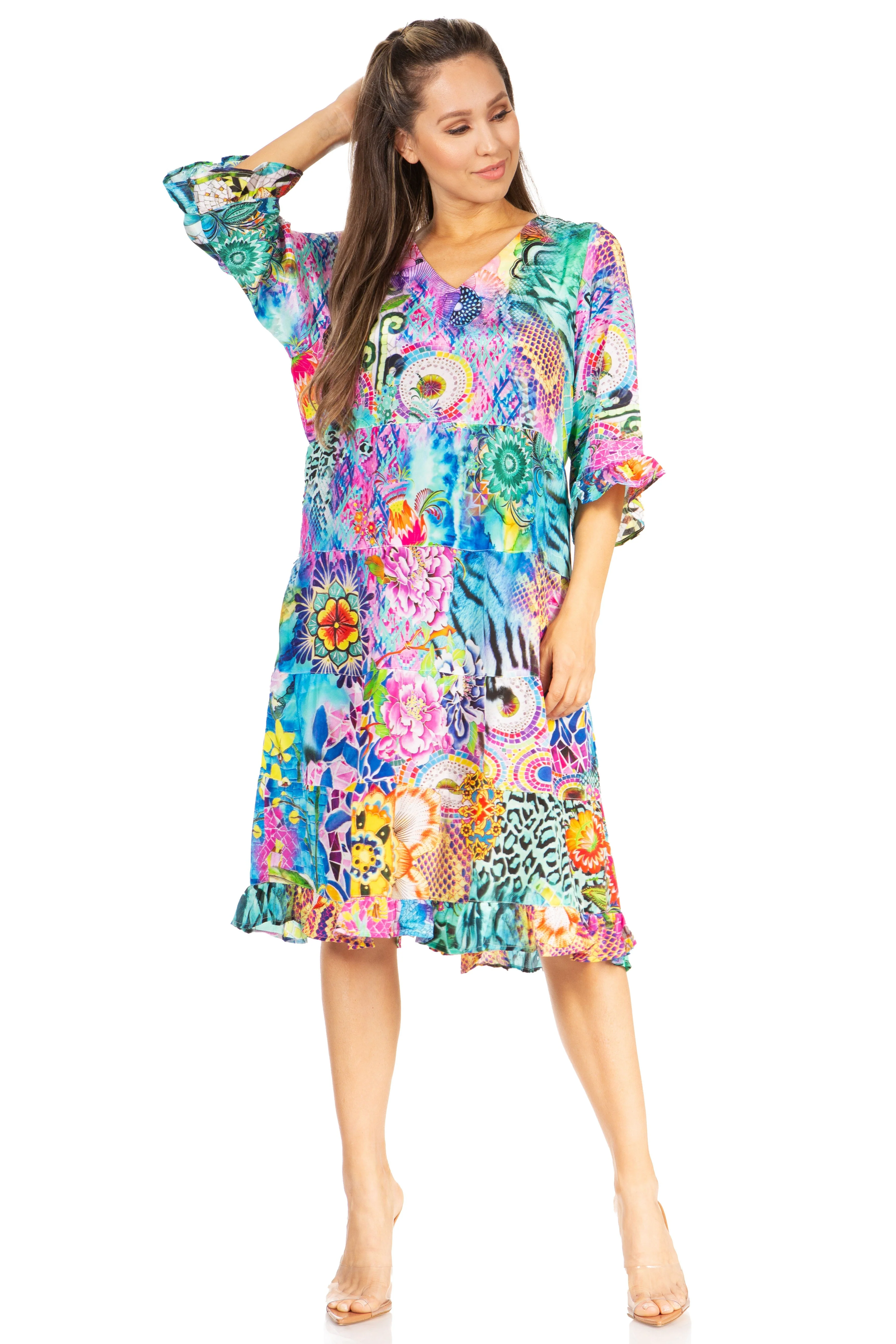 Sakkas Ozana Women's Floral Midi Cocktail Dress, V-Neck, 3/4 Sleeve - Image 15
