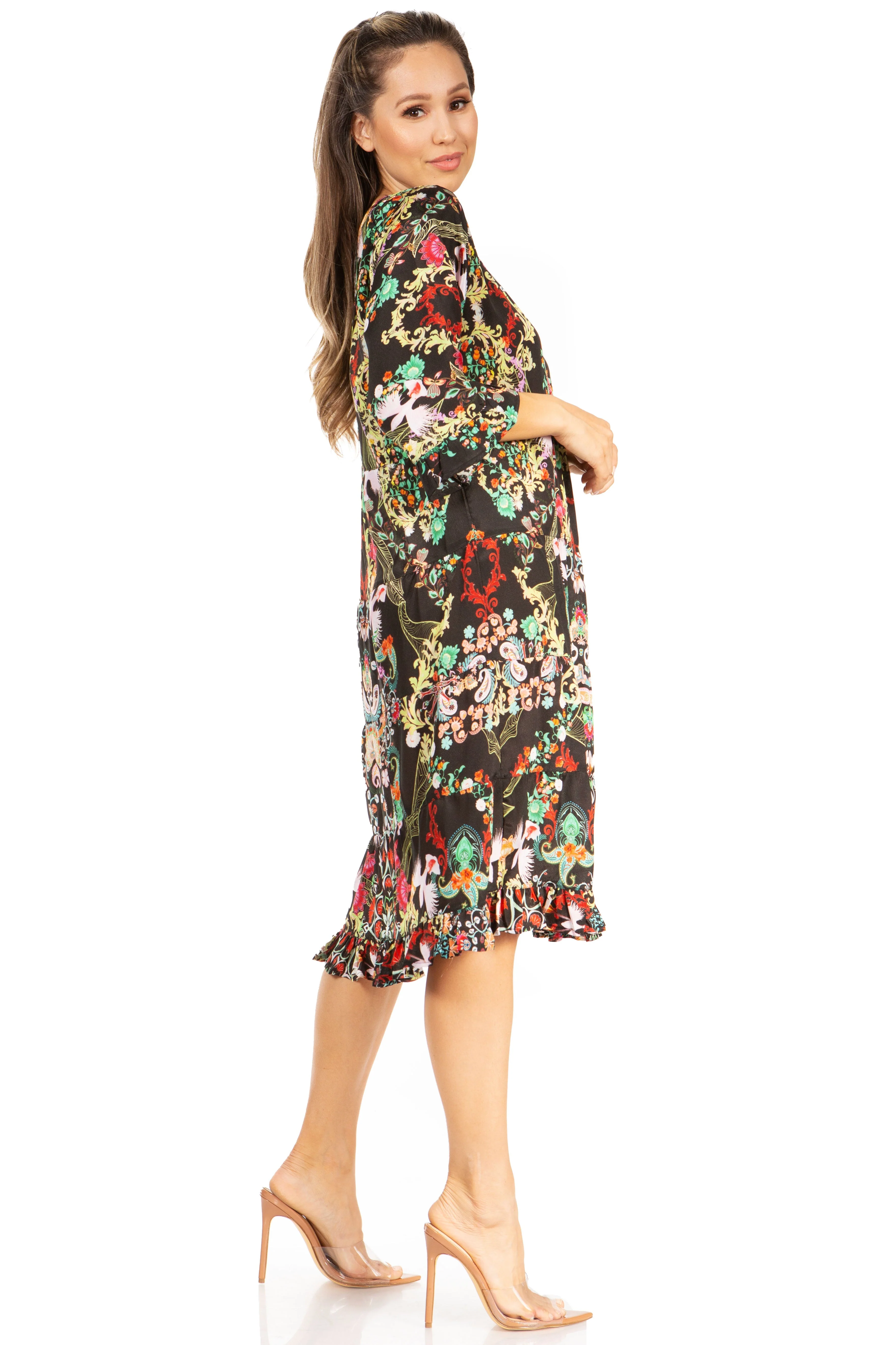 Sakkas Ozana Women's Floral Midi Cocktail Dress, V-Neck, 3/4 Sleeve - Image 3