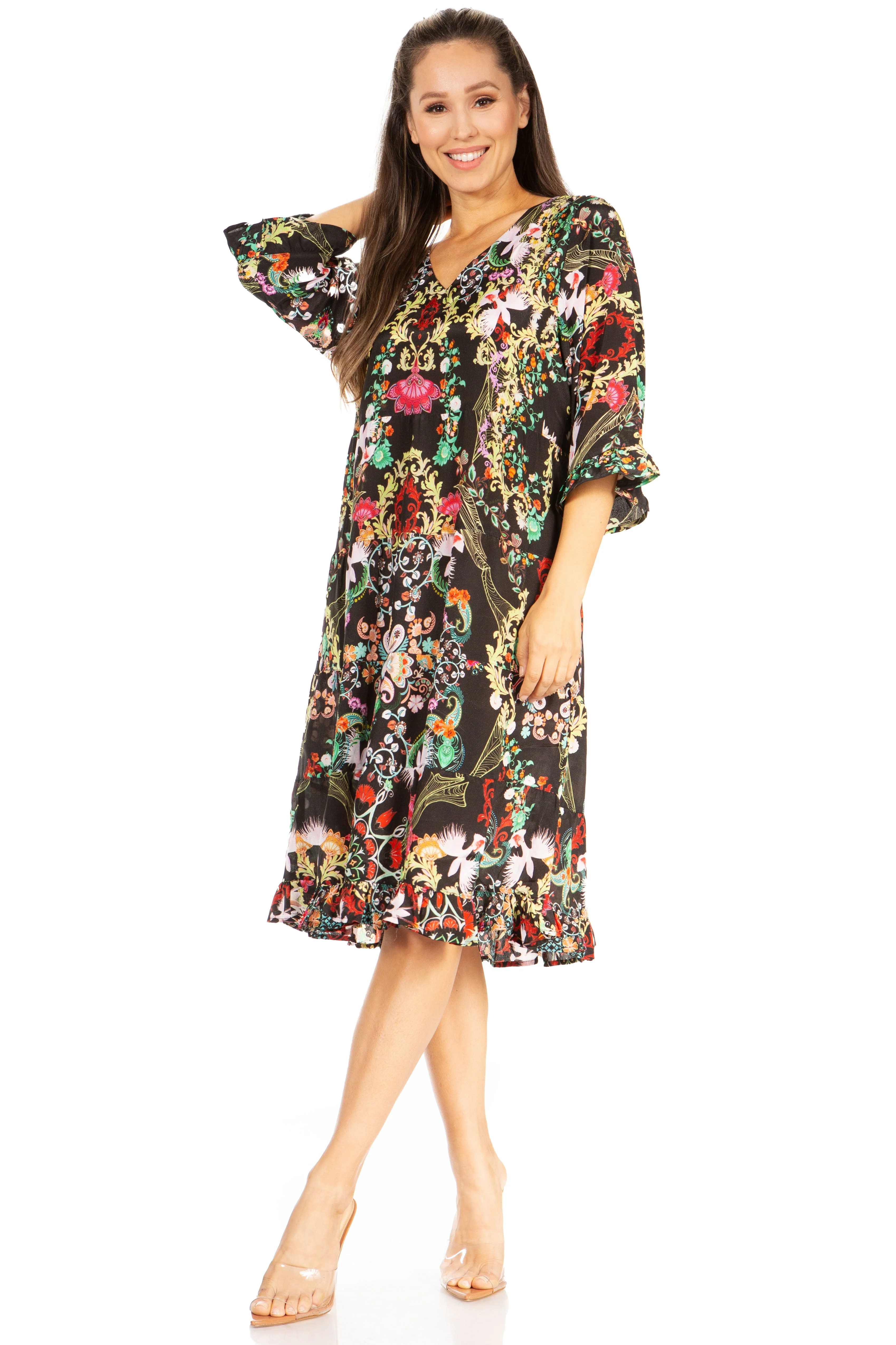 Sakkas Ozana Women's Floral Midi Cocktail Dress, V-Neck, 3/4 Sleeve - Image 5