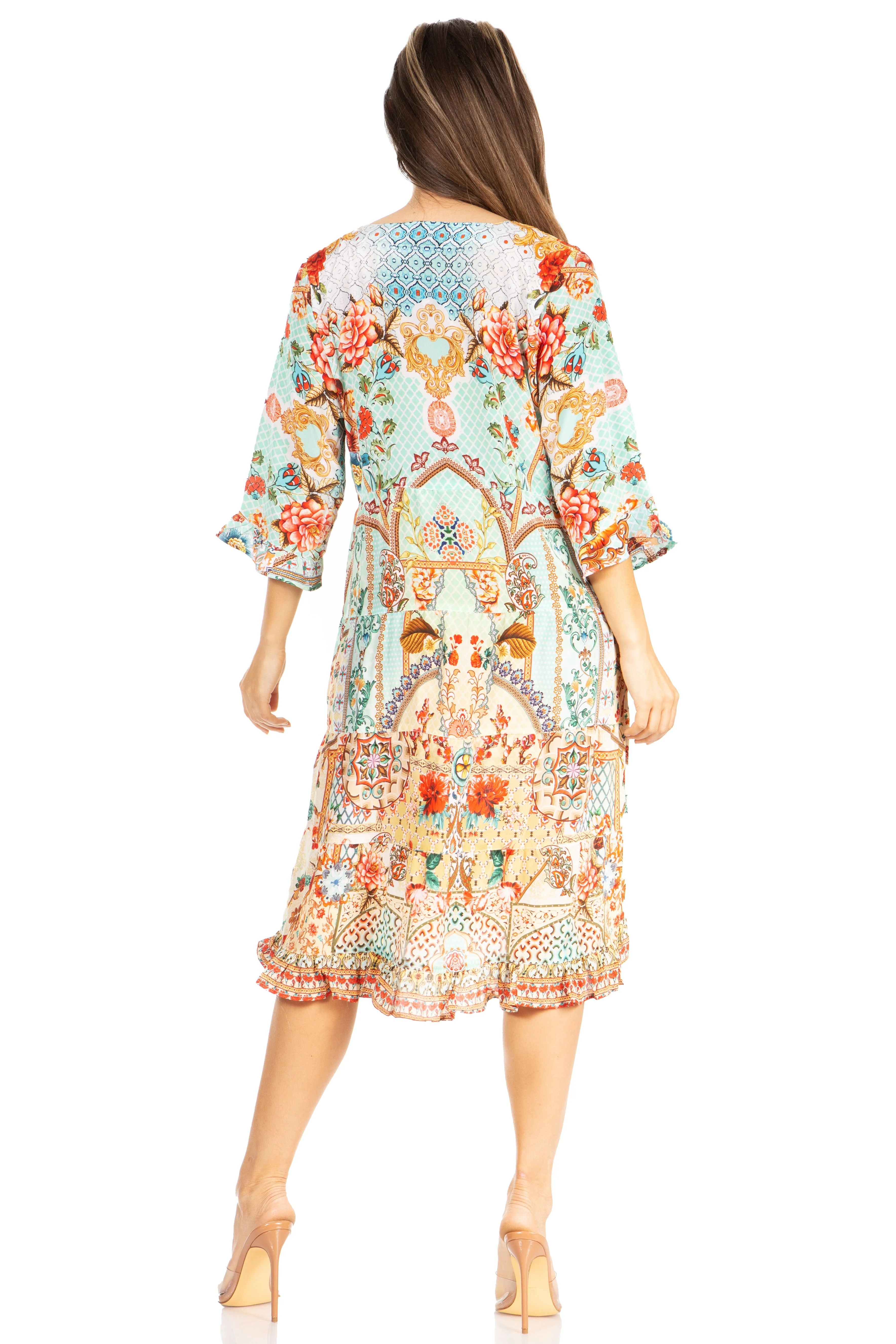 Sakkas Ozana Women's Floral Midi Cocktail Dress, V-Neck, 3/4 Sleeve - Image 7