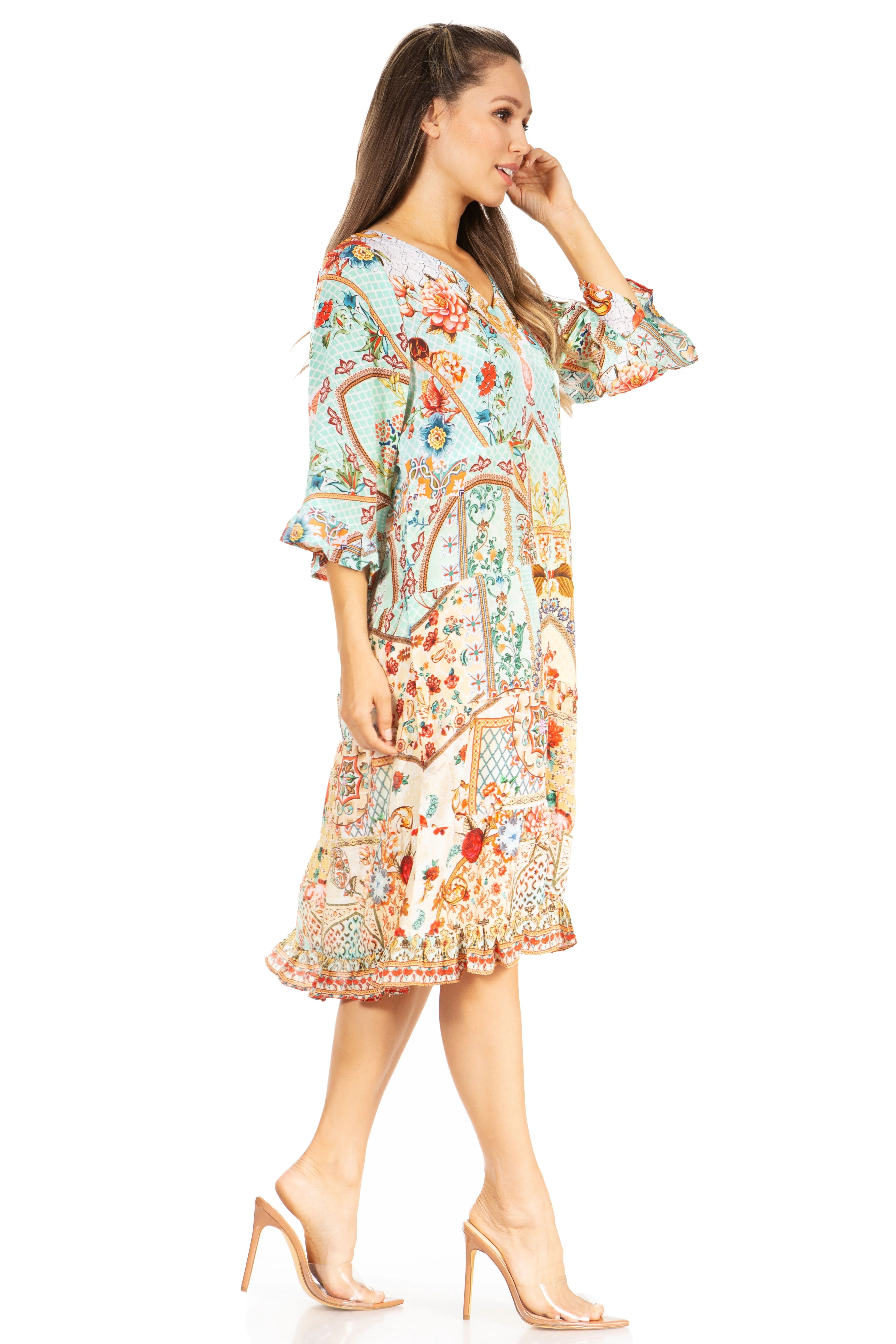 Sakkas Ozana Women's Floral Midi Cocktail Dress, V-Neck, 3/4 Sleeve - Image 8