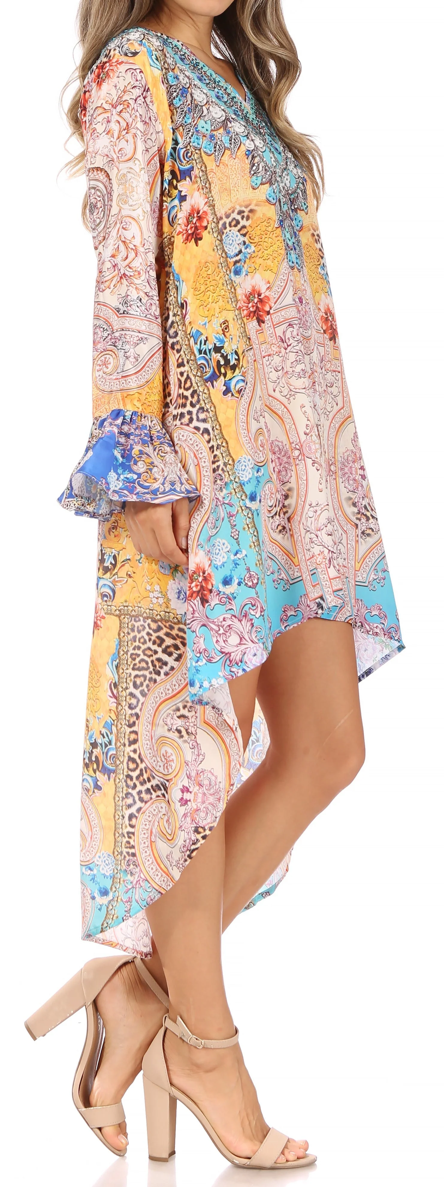 Sakkas Rema Women's Boho Shift Tunic High Low  V-neck Long Sleeve Dress with Print - Image 29