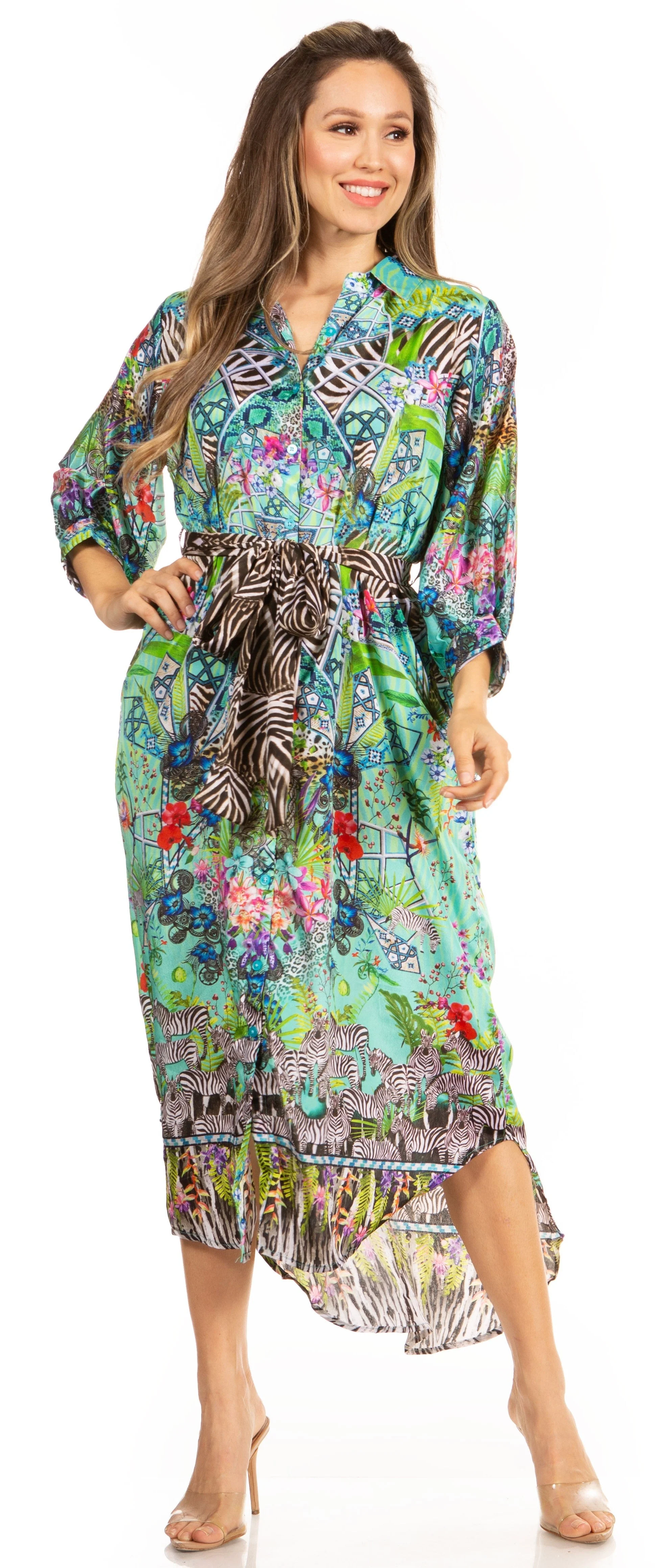 Sakkas Rina Women's Floral Print Maxi Dress with Long Sleeves and Flounce Shirt Design - Image 10