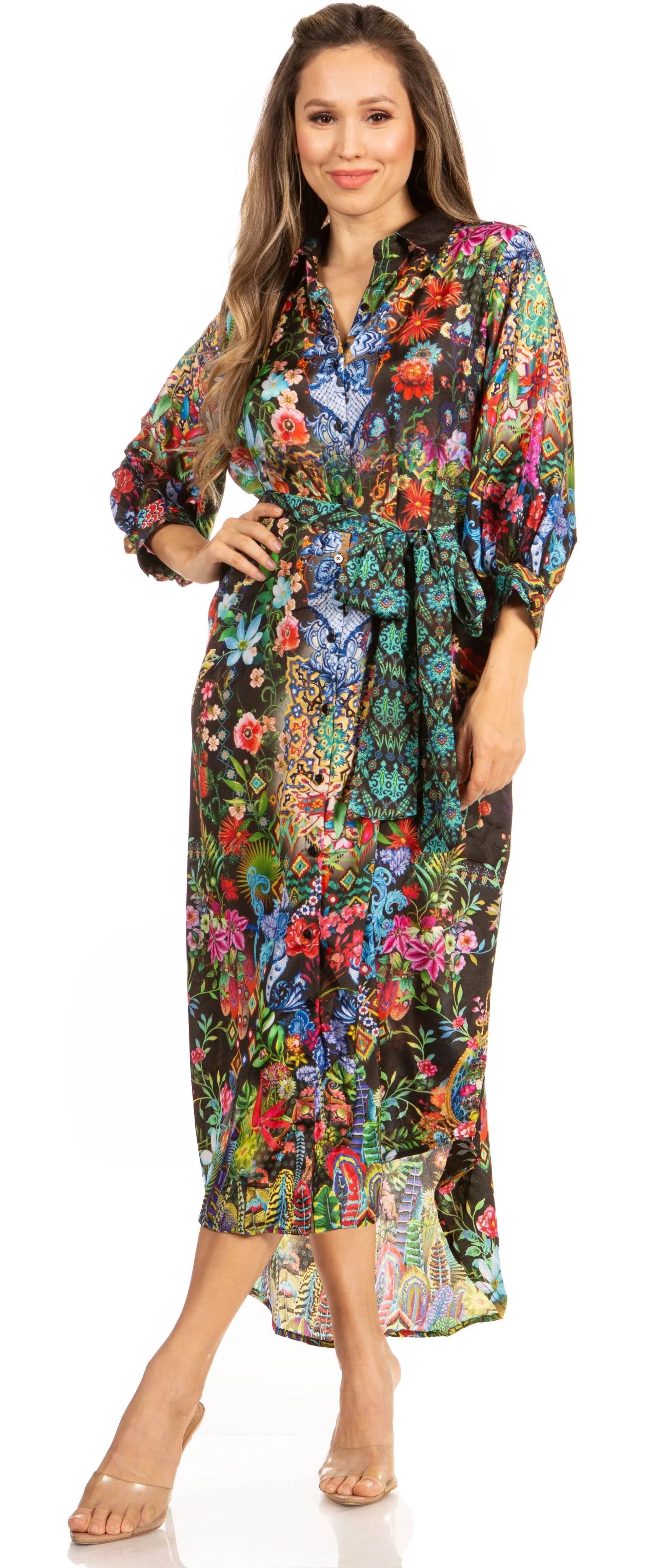 Sakkas Rina Women's Floral Print Maxi Dress with Long Sleeves and Flounce Shirt Design - Image 11