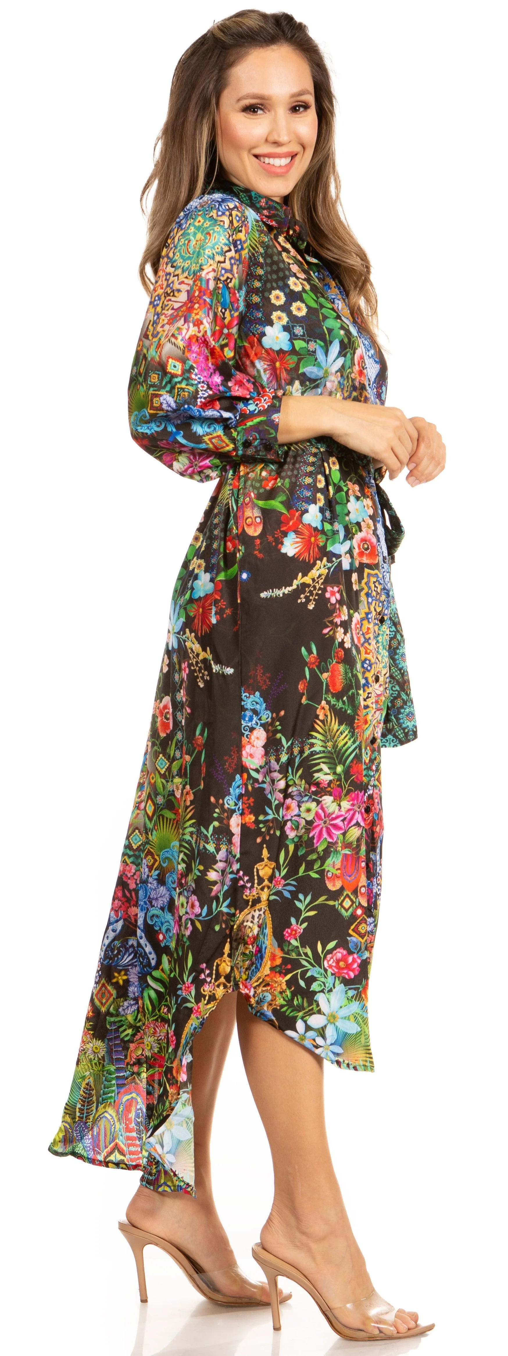 Sakkas Rina Women's Floral Print Maxi Dress with Long Sleeves and Flounce Shirt Design - Image 13