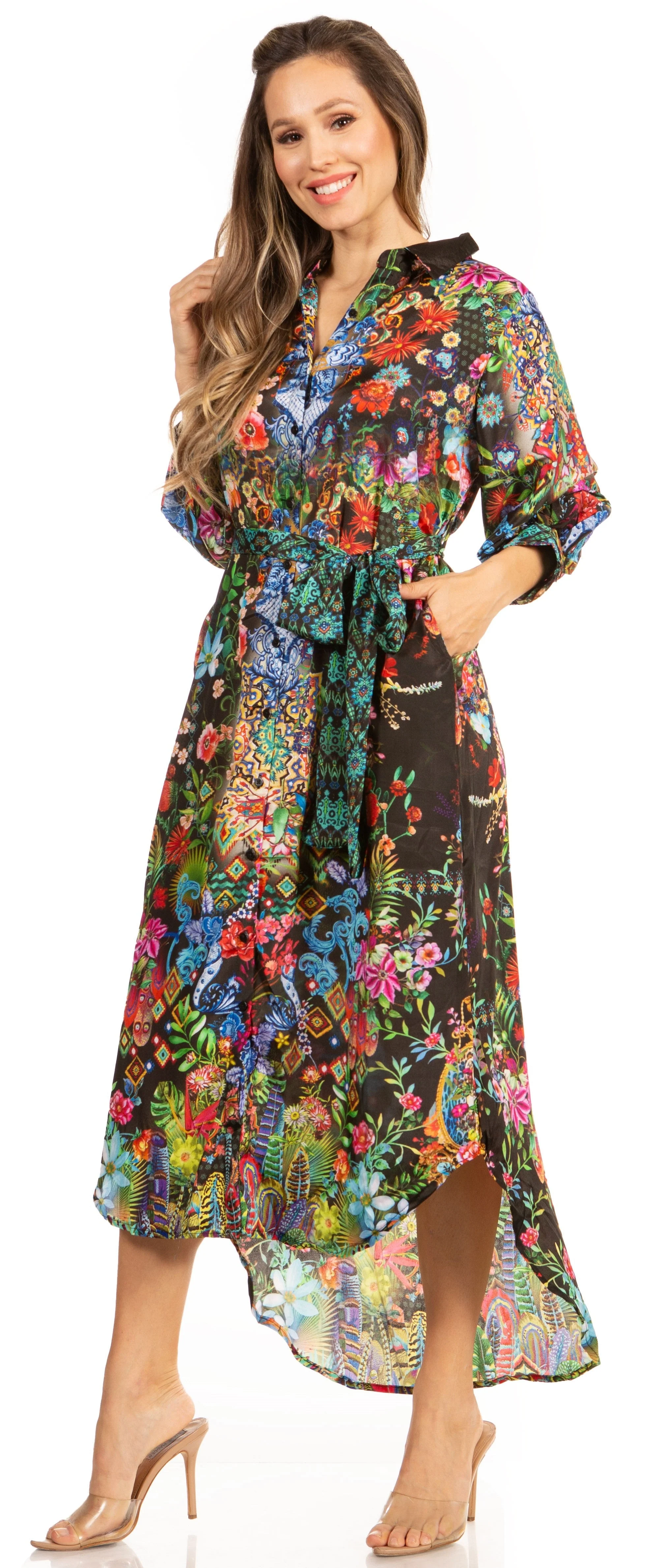 Sakkas Rina Women's Floral Print Maxi Dress with Long Sleeves and Flounce Shirt Design - Image 14