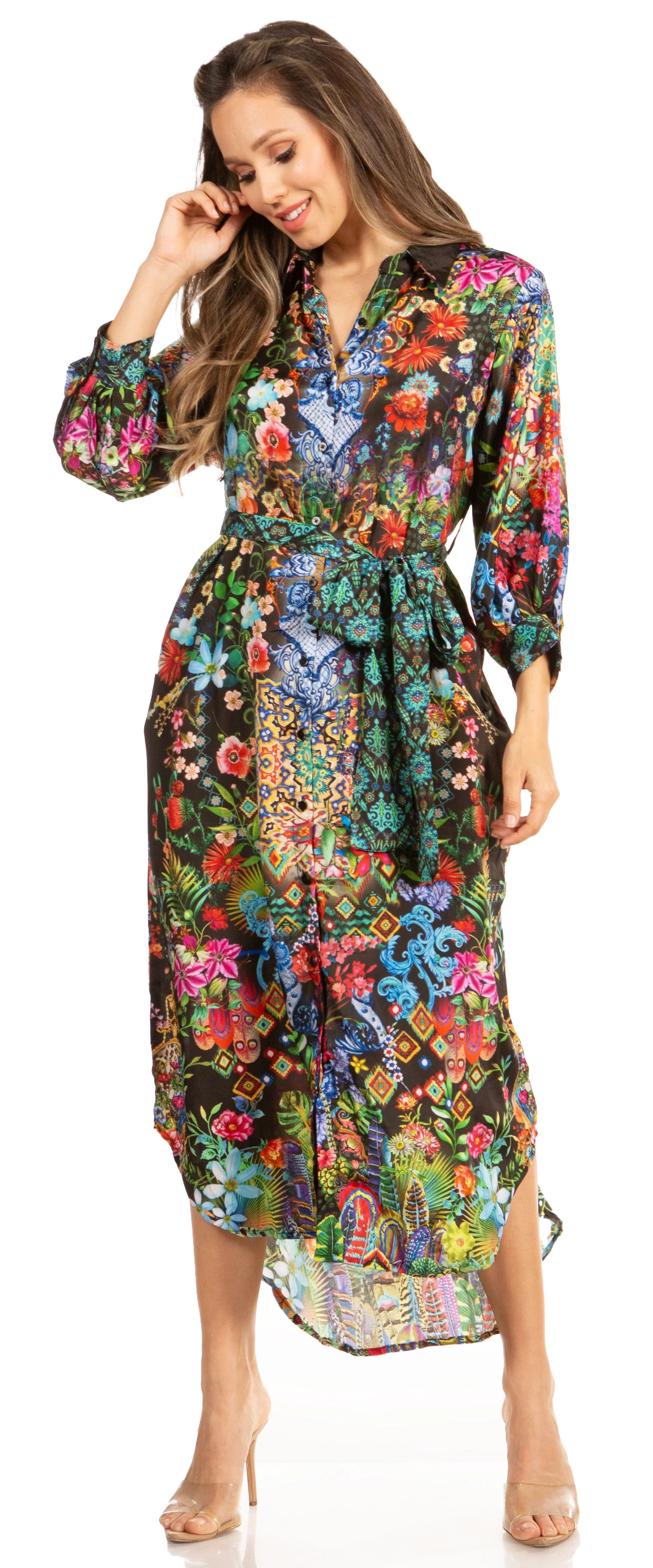 Sakkas Rina Women's Floral Print Maxi Dress with Long Sleeves and Flounce Shirt Design - Image 15