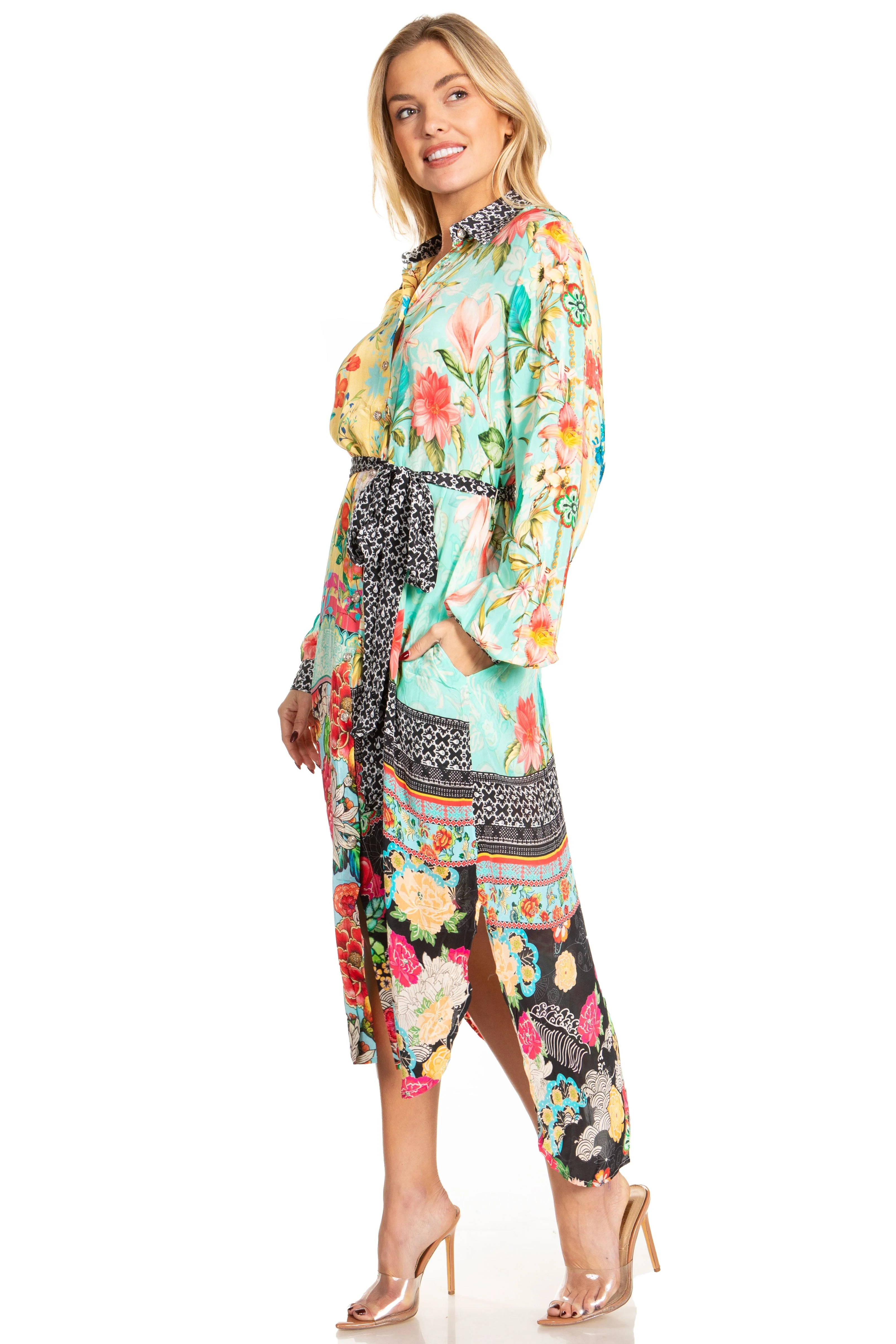 Sakkas Rina Women's Floral Print Maxi Dress with Long Sleeves and Flounce Shirt Design - Image 18