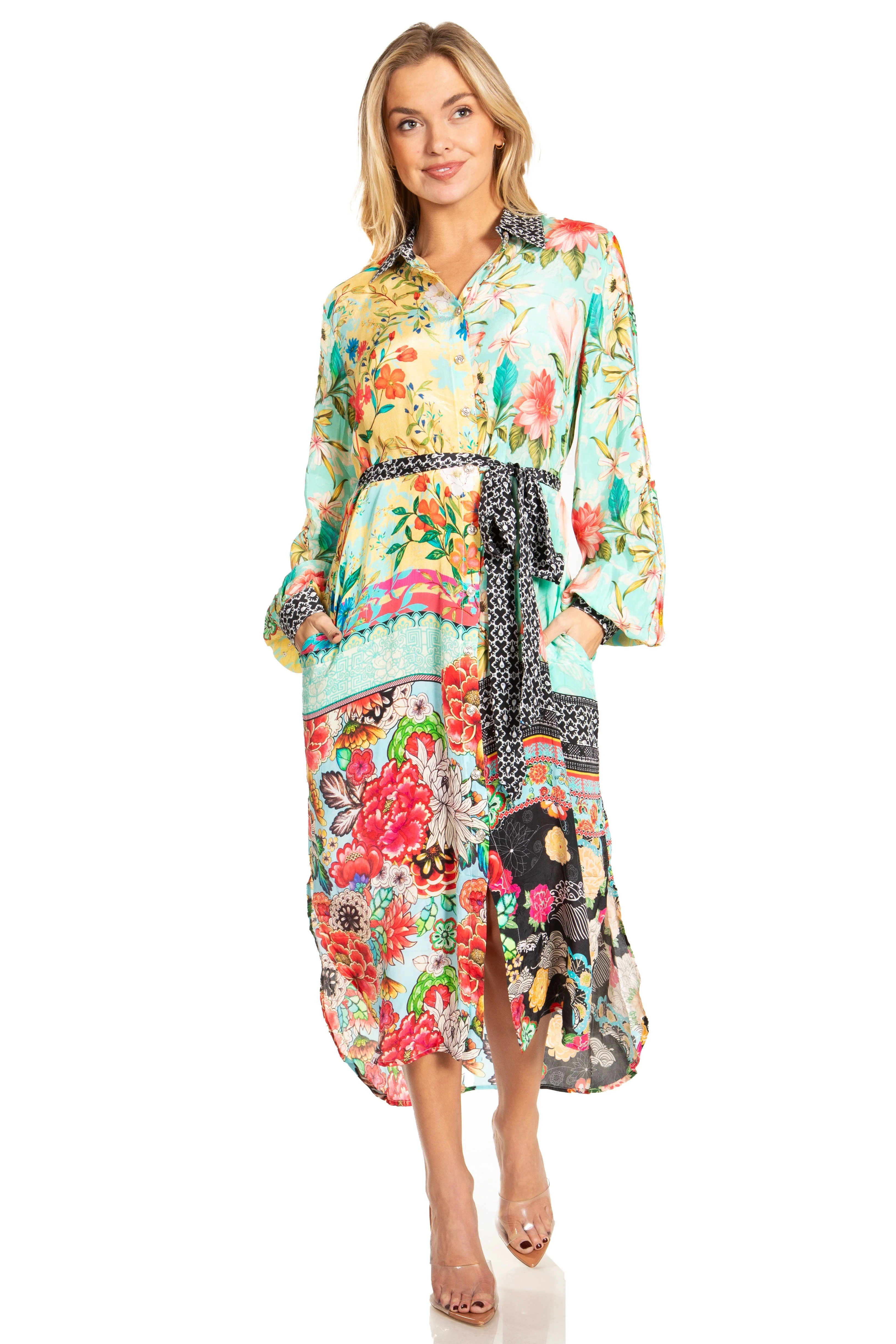 Sakkas Rina Women's Floral Print Maxi Dress with Long Sleeves and Flounce Shirt Design - Image 20
