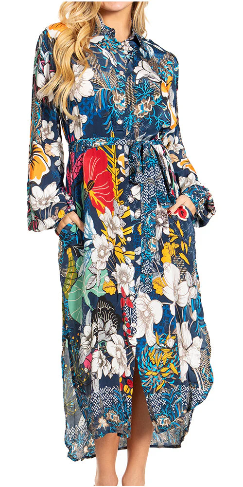 Sakkas Rina Women's Floral Print Maxi Dress with Long Sleeves and Flounce Shirt Design - Image 21