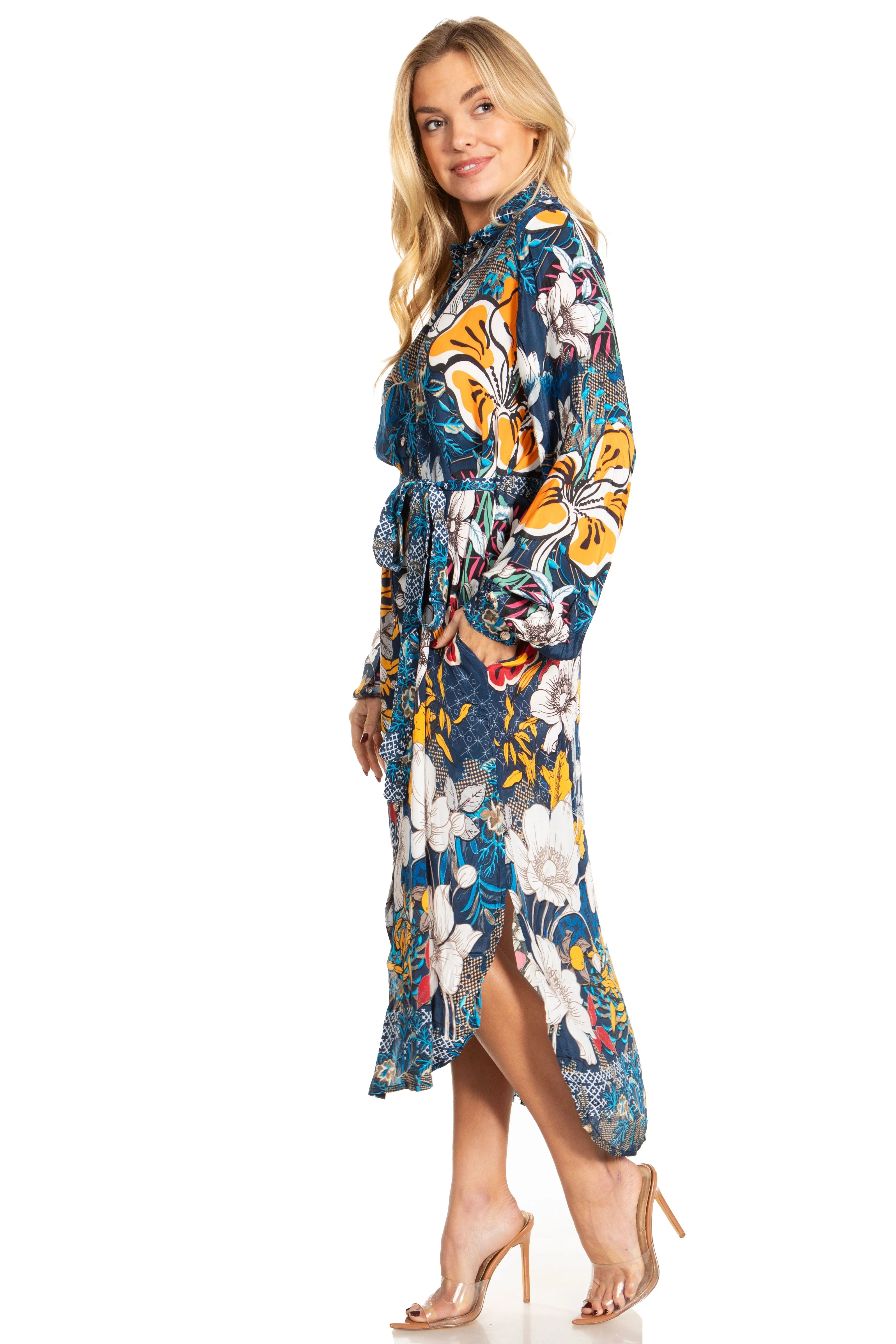 Sakkas Rina Women's Floral Print Maxi Dress with Long Sleeves and Flounce Shirt Design - Image 23