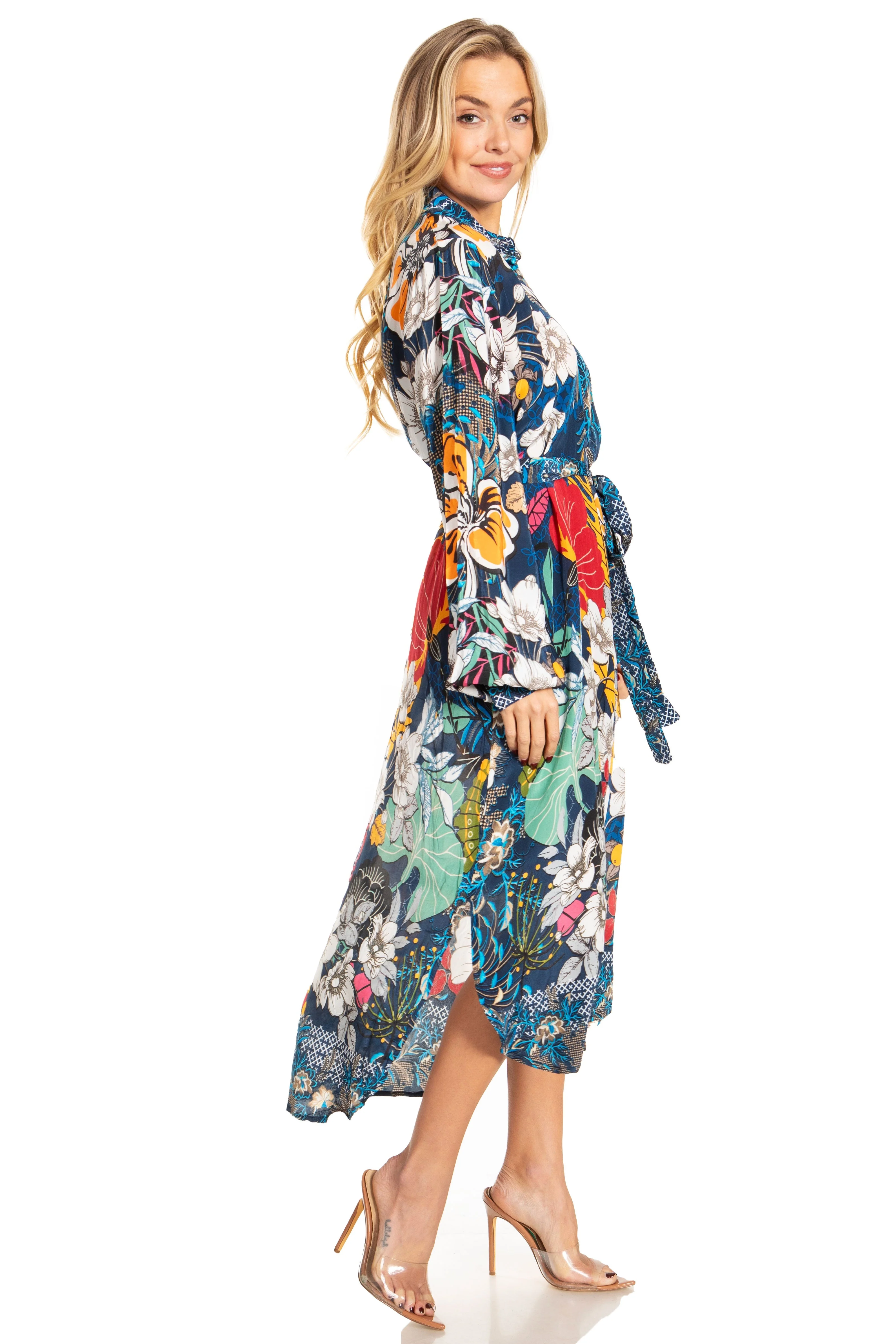Sakkas Rina Women's Floral Print Maxi Dress with Long Sleeves and Flounce Shirt Design - Image 24