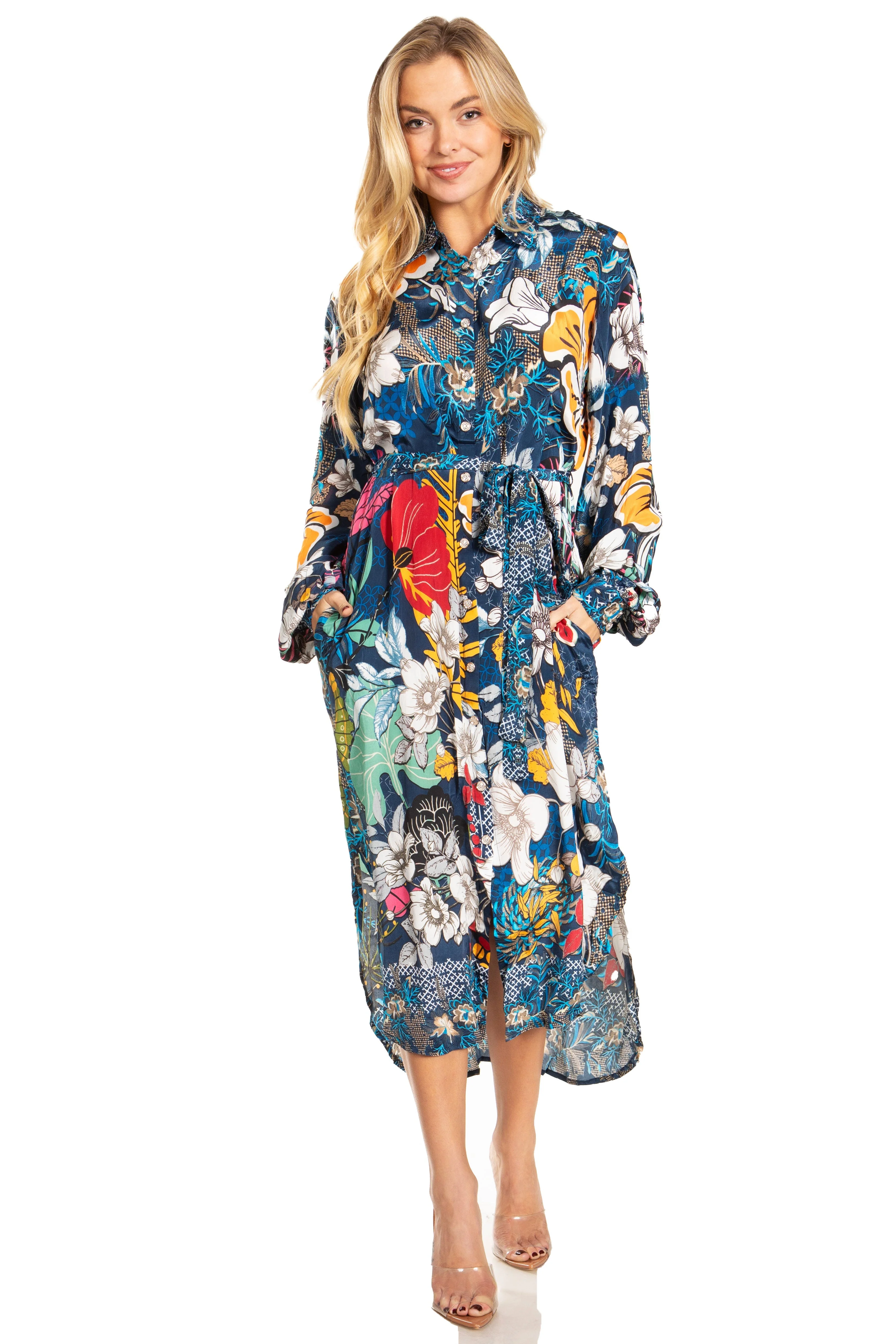 Sakkas Rina Women's Floral Print Maxi Dress with Long Sleeves and Flounce Shirt Design - Image 25