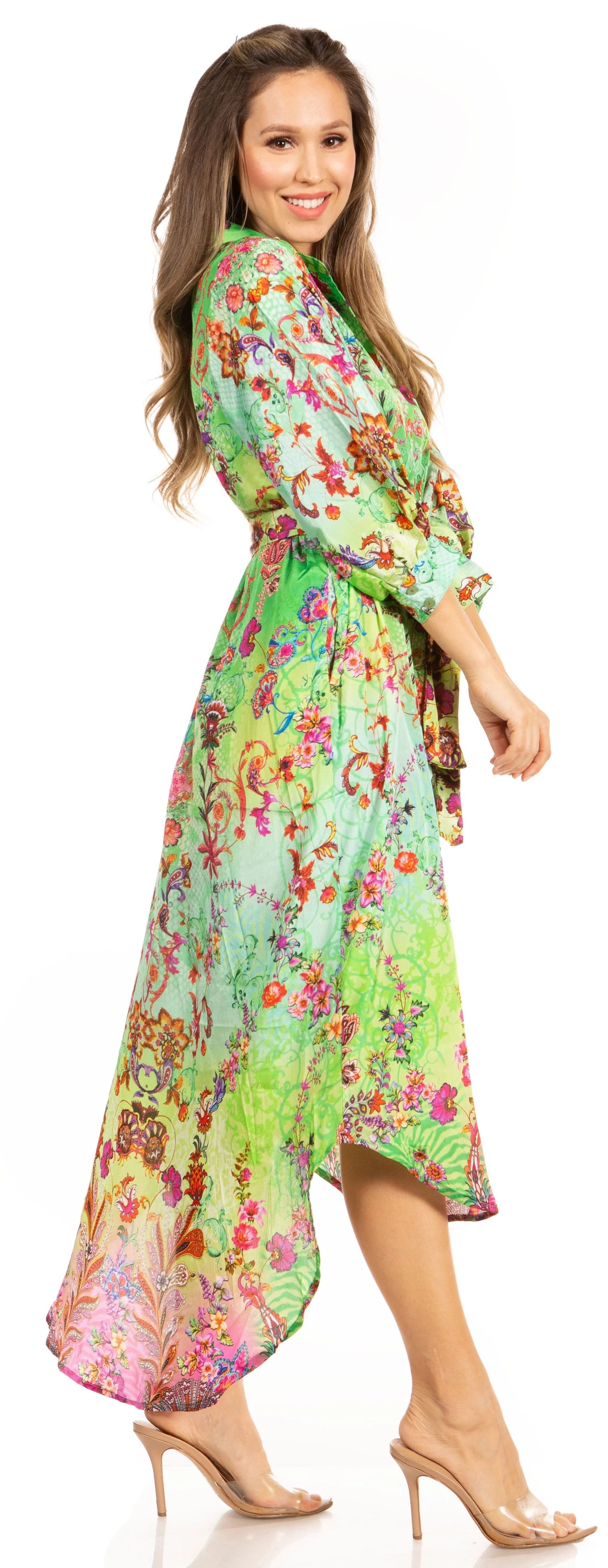 Sakkas Rina Women's Floral Print Maxi Dress with Long Sleeves and Flounce Shirt Design - Image 3