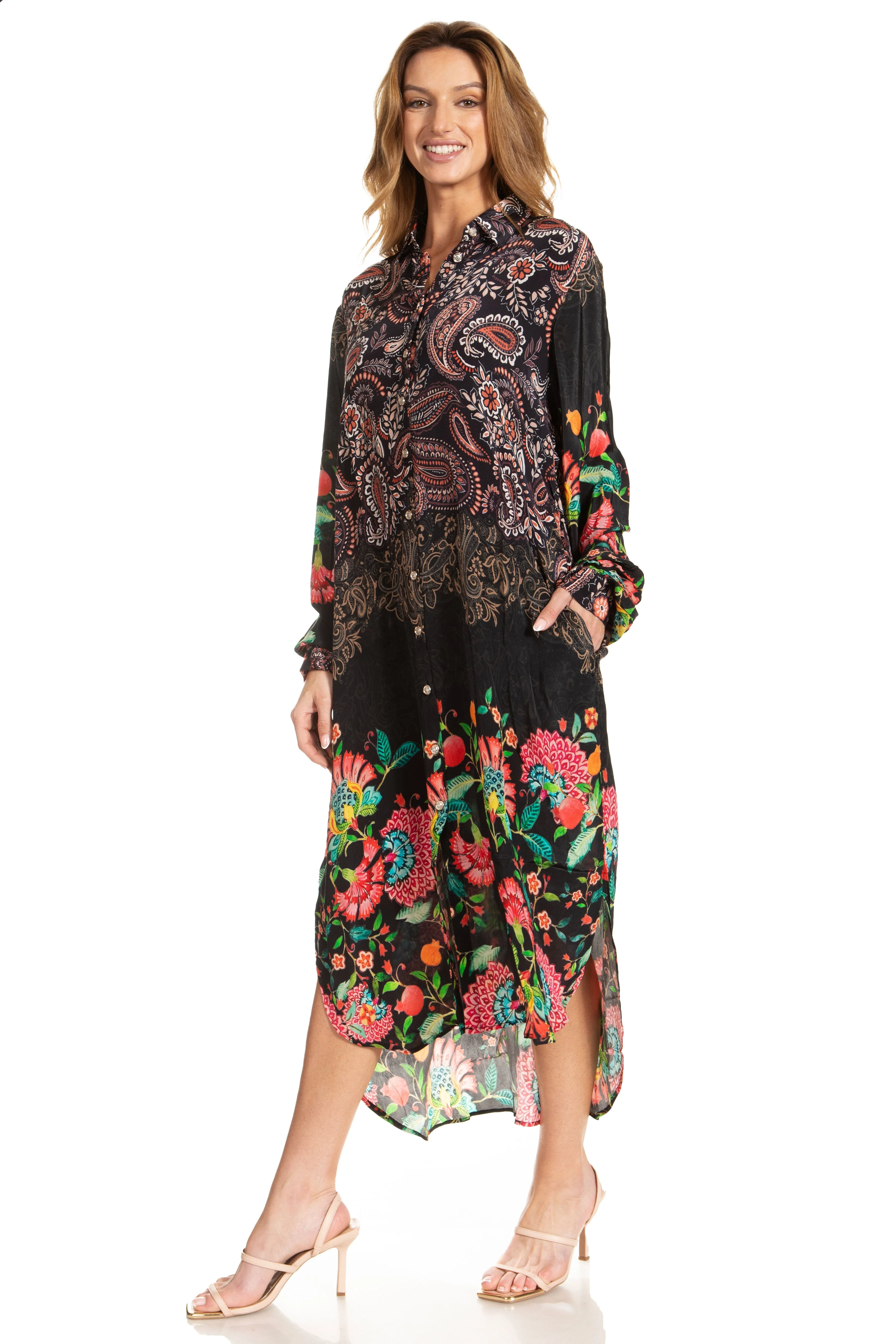 Sakkas Rina Women's Floral Print Maxi Dress with Long Sleeves and Flounce Shirt Design - Image 33