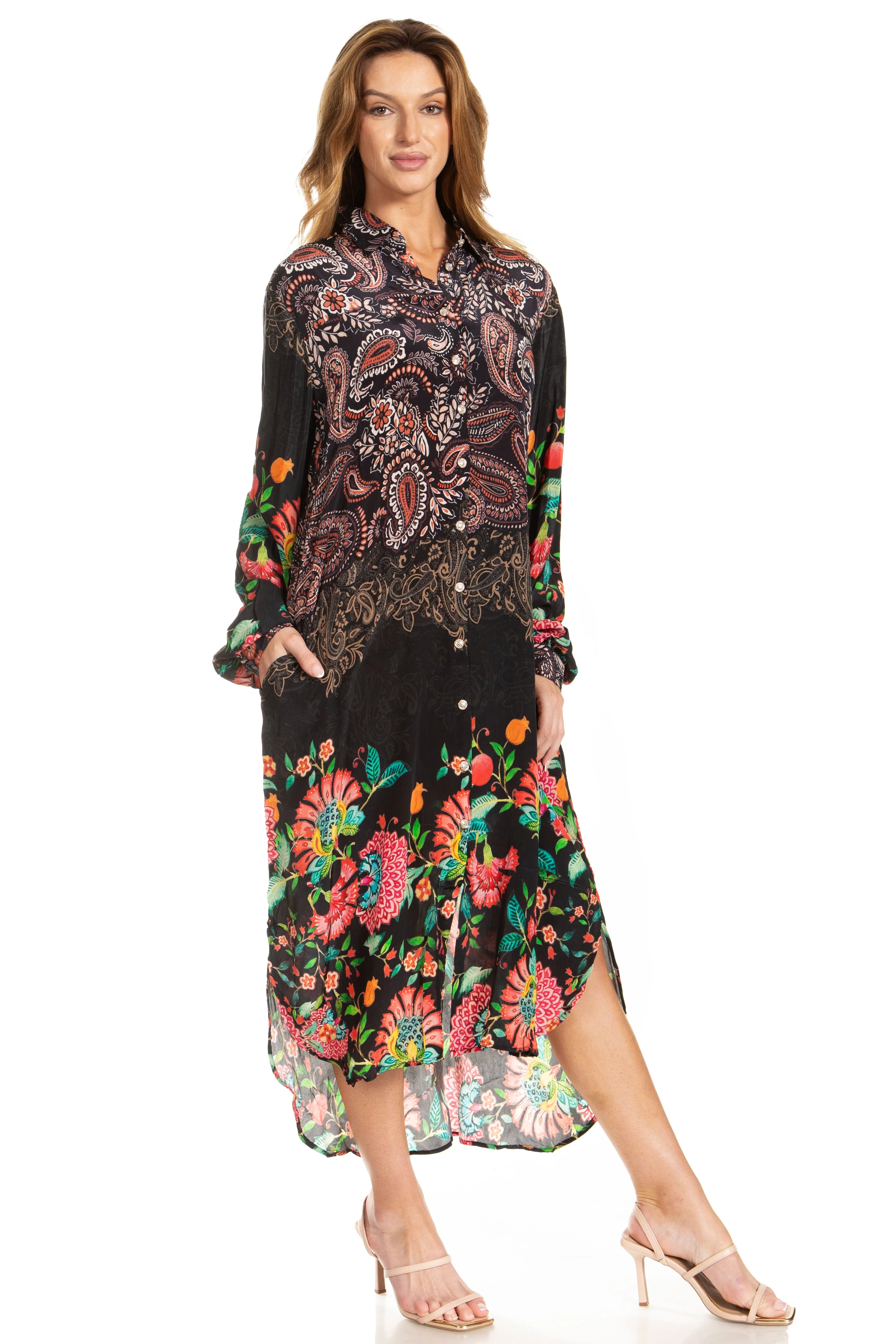 Sakkas Rina Women's Floral Print Maxi Dress with Long Sleeves and Flounce Shirt Design - Image 34
