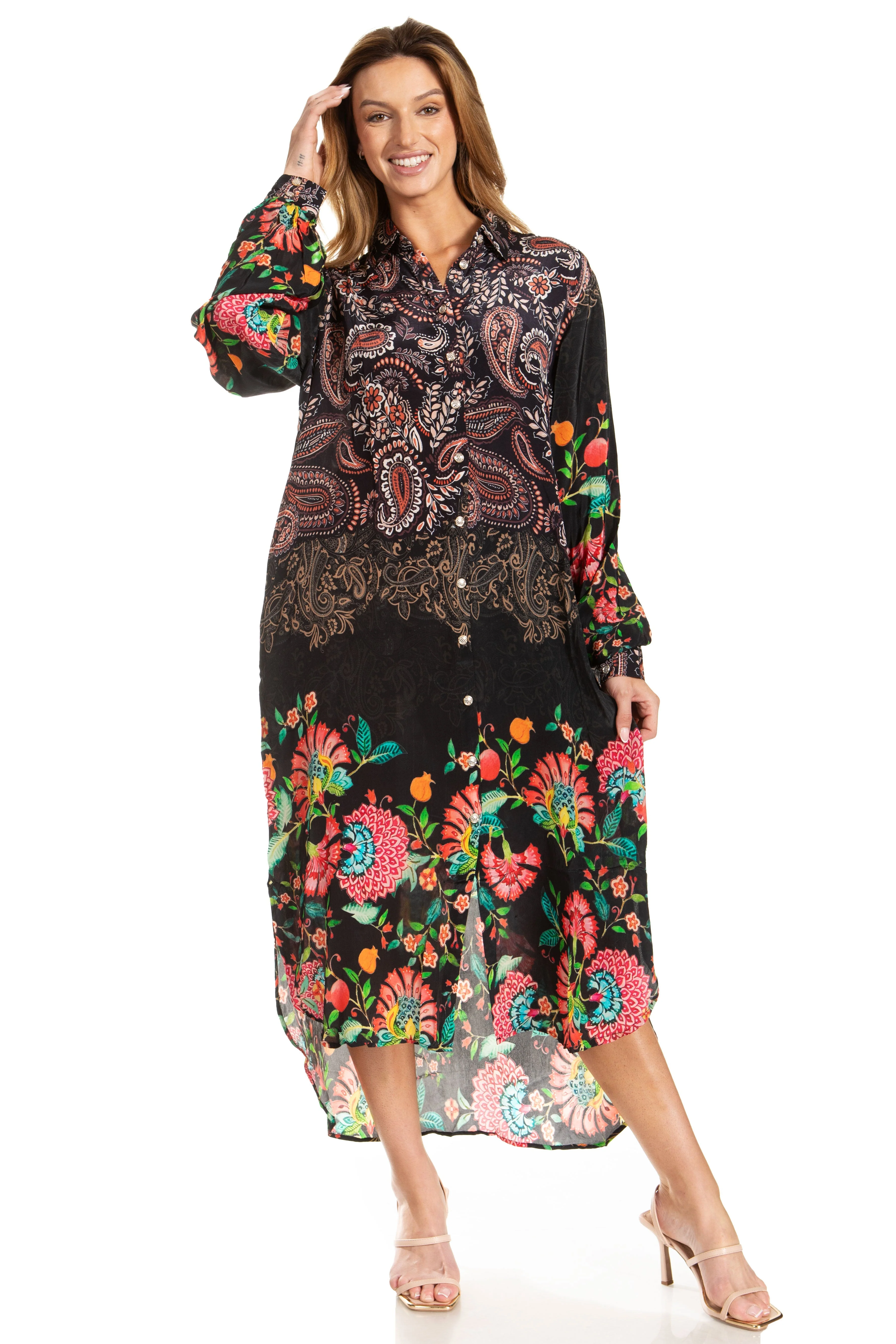Sakkas Rina Women's Floral Print Maxi Dress with Long Sleeves and Flounce Shirt Design - Image 35