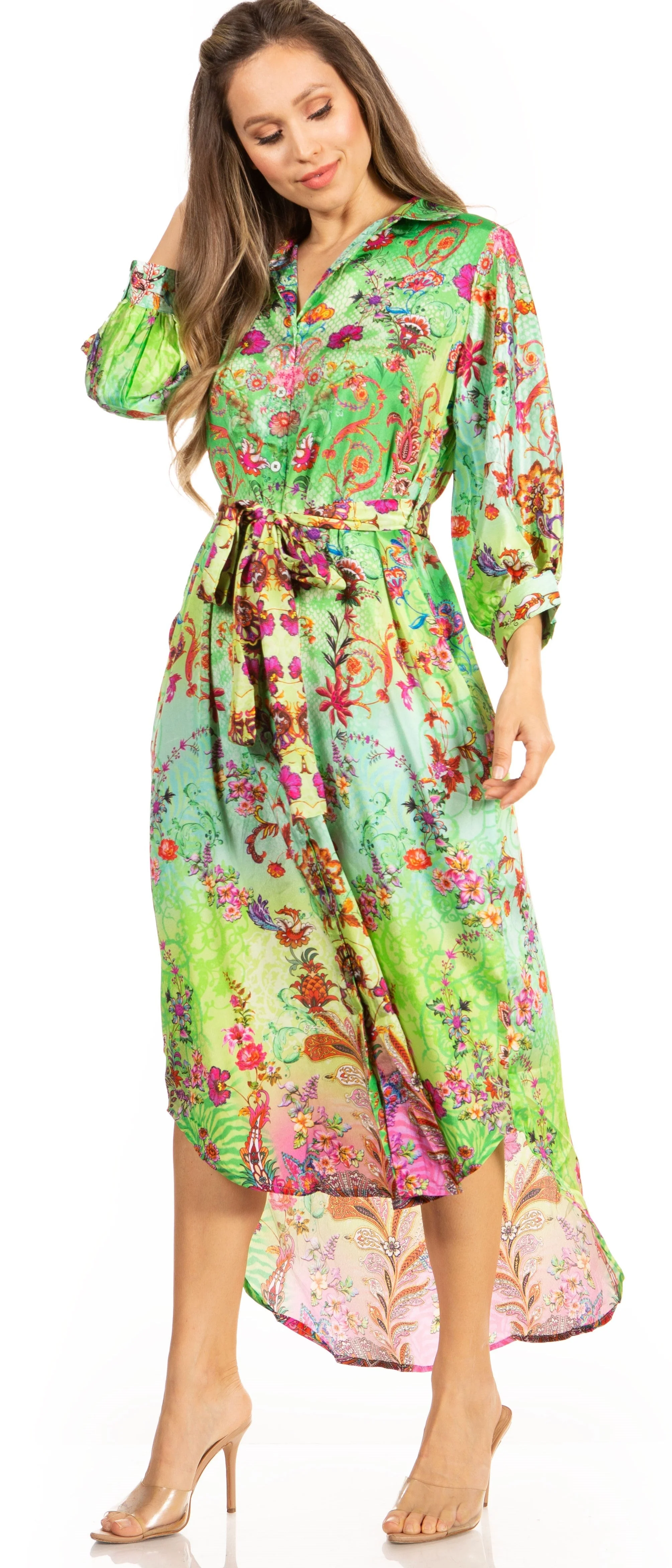 Sakkas Rina Women's Floral Print Maxi Dress with Long Sleeves and Flounce Shirt Design - Image 4