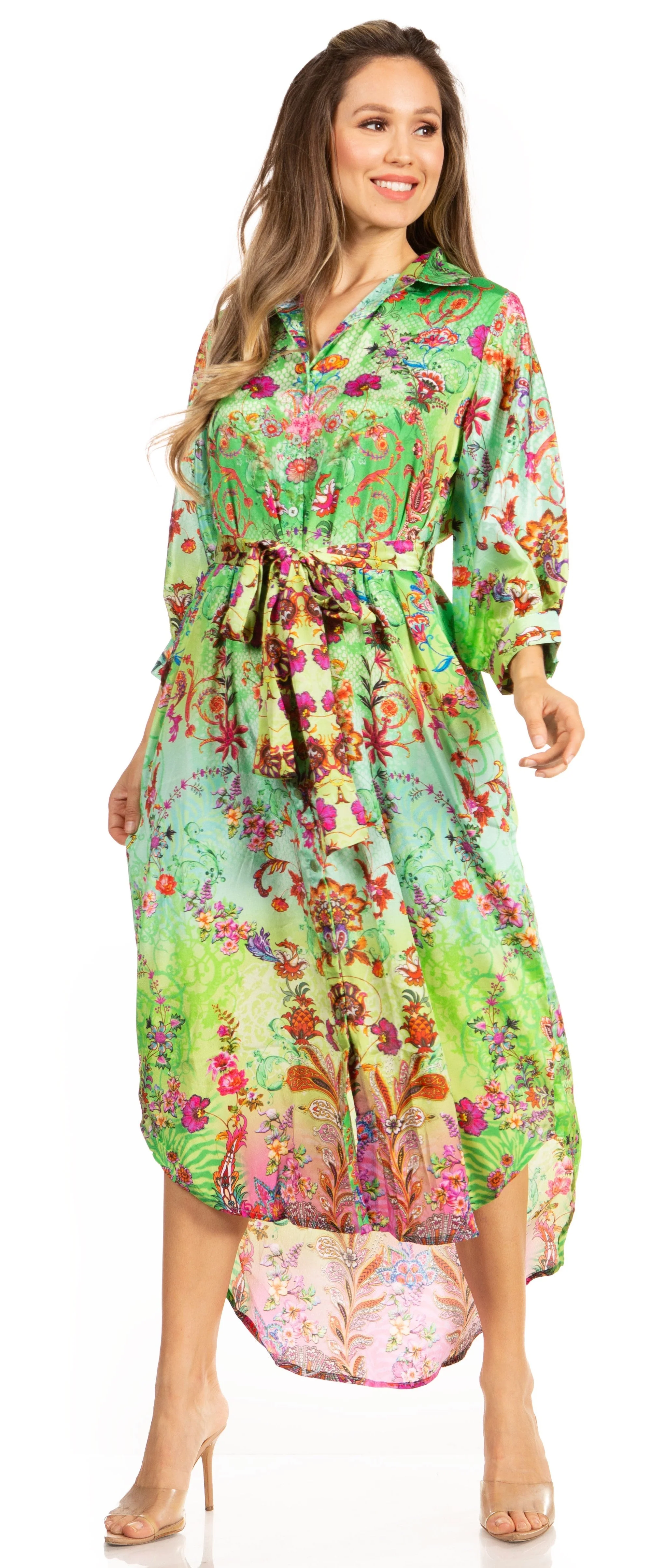Sakkas Rina Women's Floral Print Maxi Dress with Long Sleeves and Flounce Shirt Design - Image 5