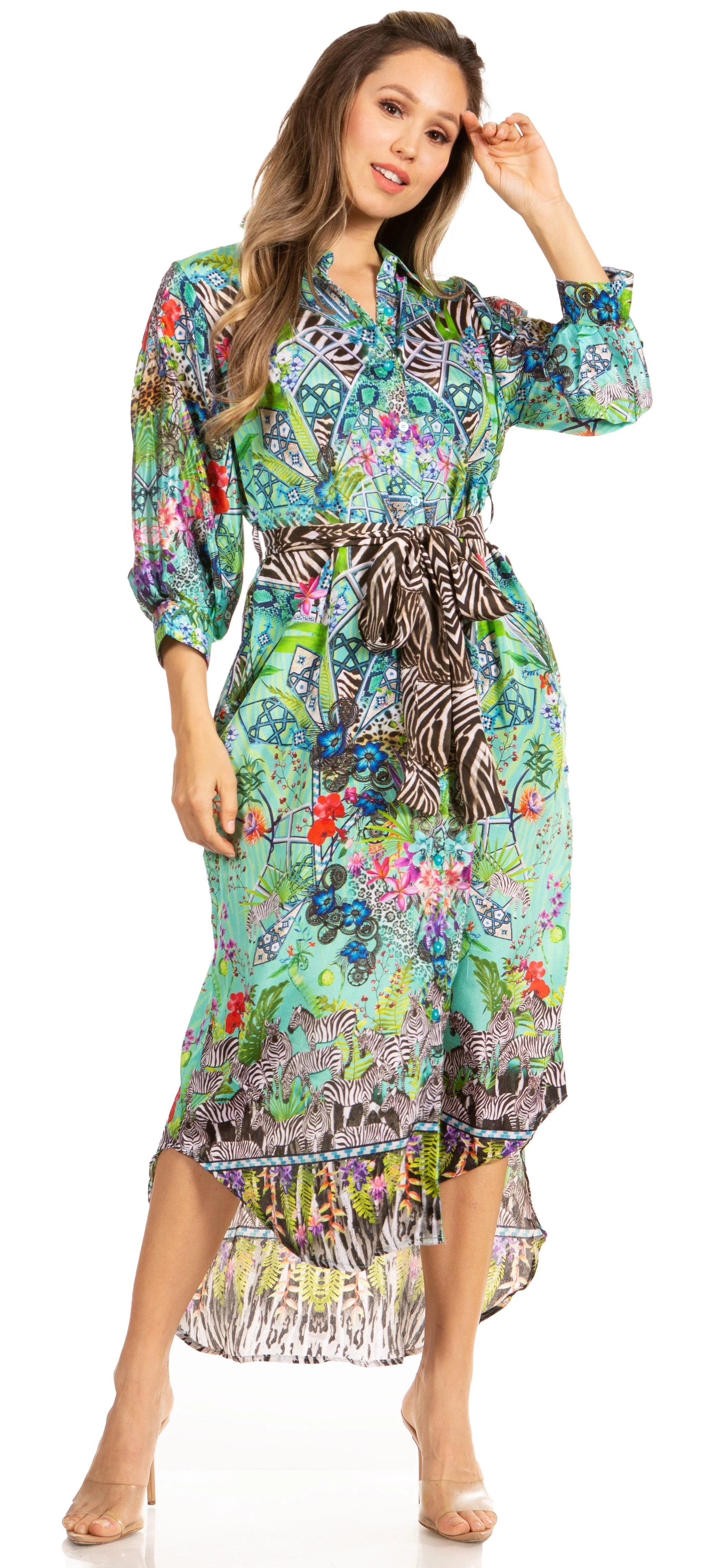 Sakkas Rina Women's Floral Print Maxi Dress with Long Sleeves and Flounce Shirt Design - Image 6