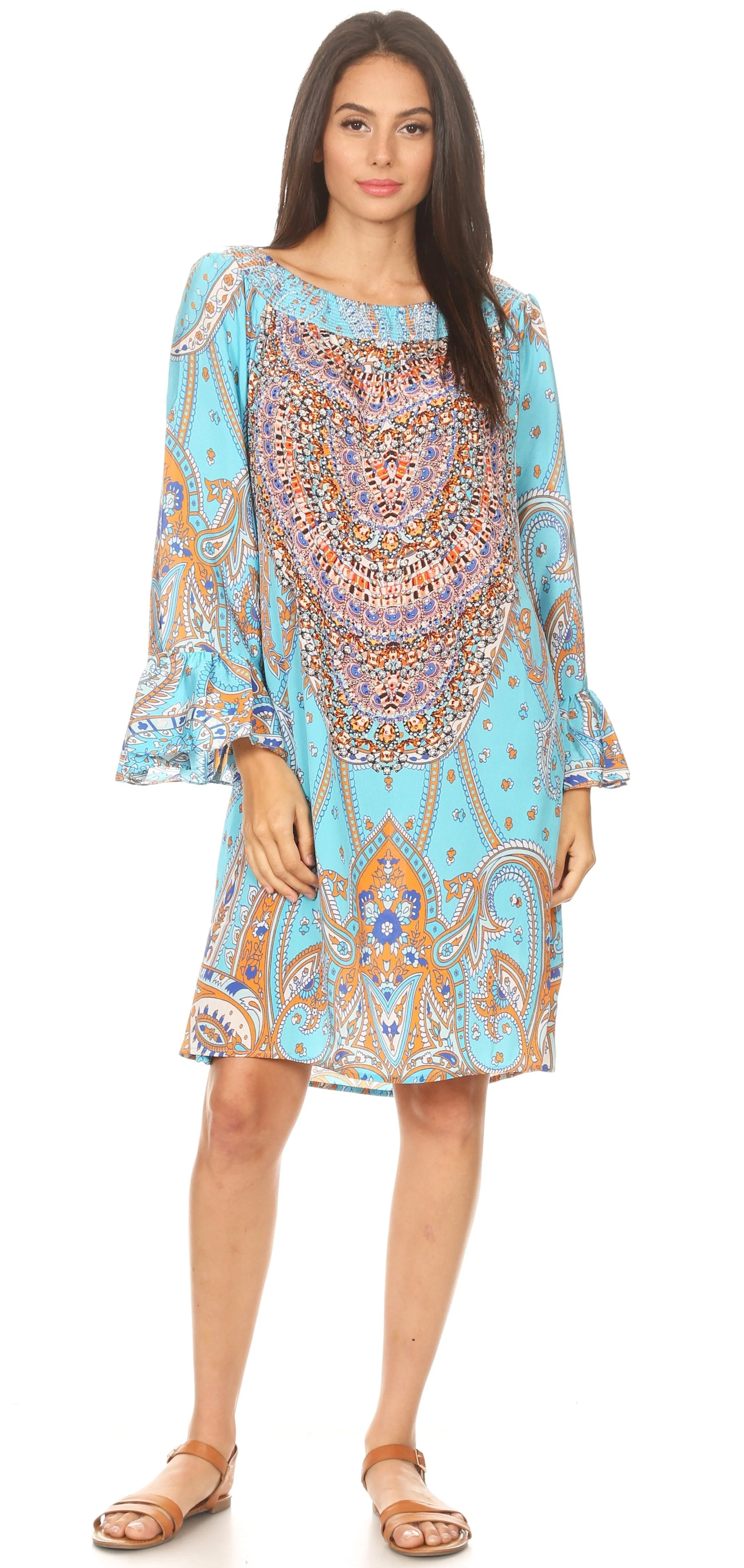 Sakkas Riza Women's Off Shoulder Long Sleeve Tunic Shirt Short Dress with Print - Image 10
