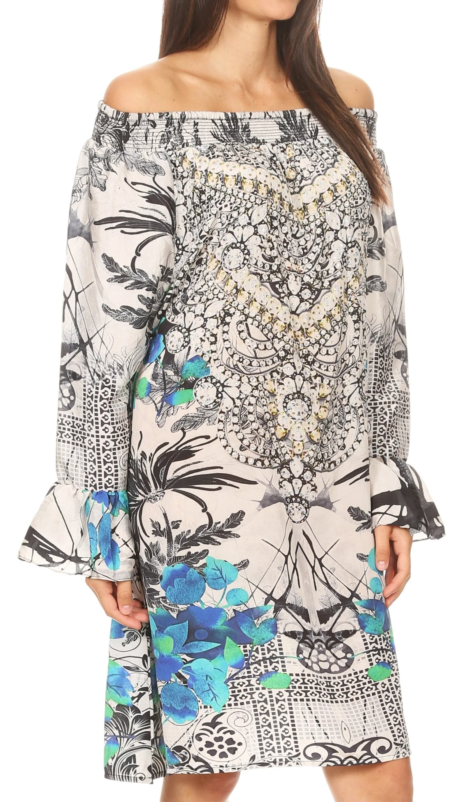 Sakkas Riza Women's Off Shoulder Long Sleeve Tunic Shirt Short Dress with Print - Image 13