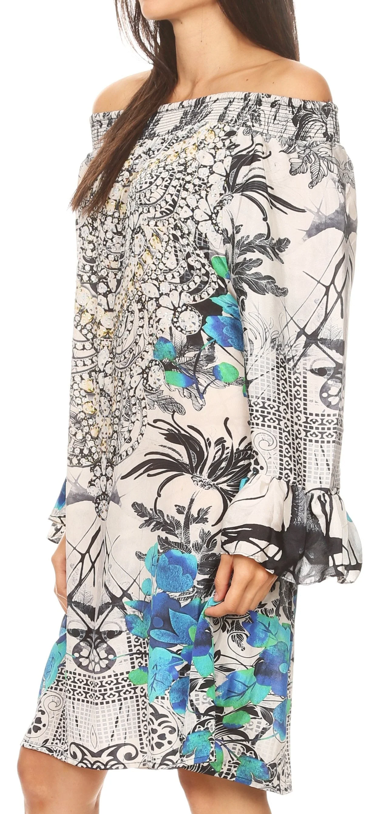 Sakkas Riza Women's Off Shoulder Long Sleeve Tunic Shirt Short Dress with Print - Image 14