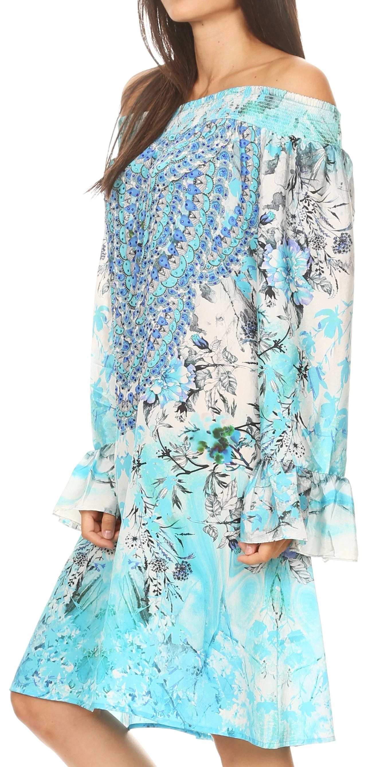 Sakkas Riza Women's Off Shoulder Long Sleeve Tunic Shirt Short Dress with Print - Image 4