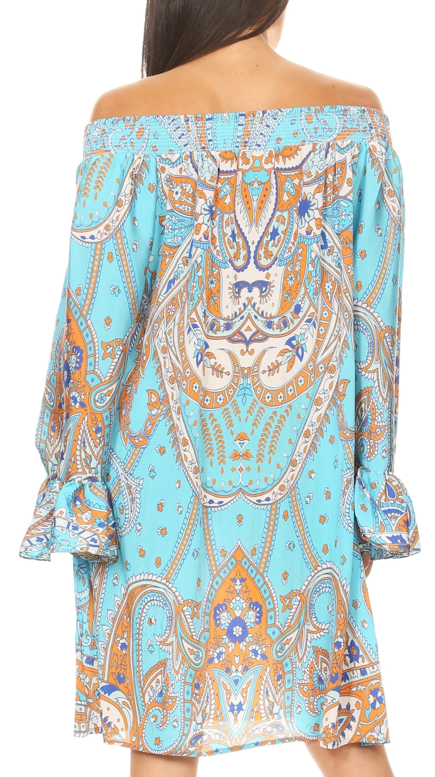 Sakkas Riza Women's Off Shoulder Long Sleeve Tunic Shirt Short Dress with Print - Image 7