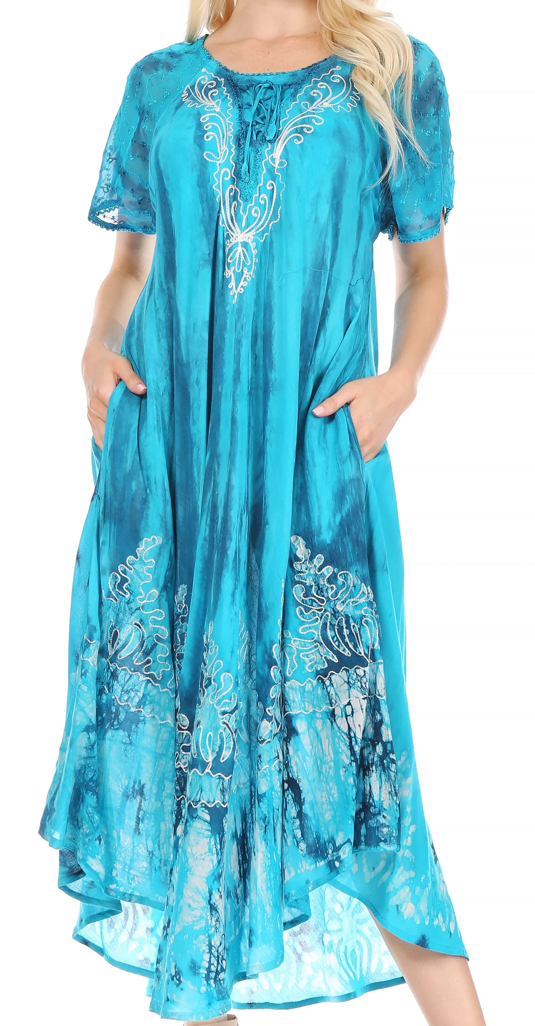 Sakkas Ronny Lace Embroidered Cap Sleeve Tie Dye Wash Caftan Dress / Cover Up - Image 46