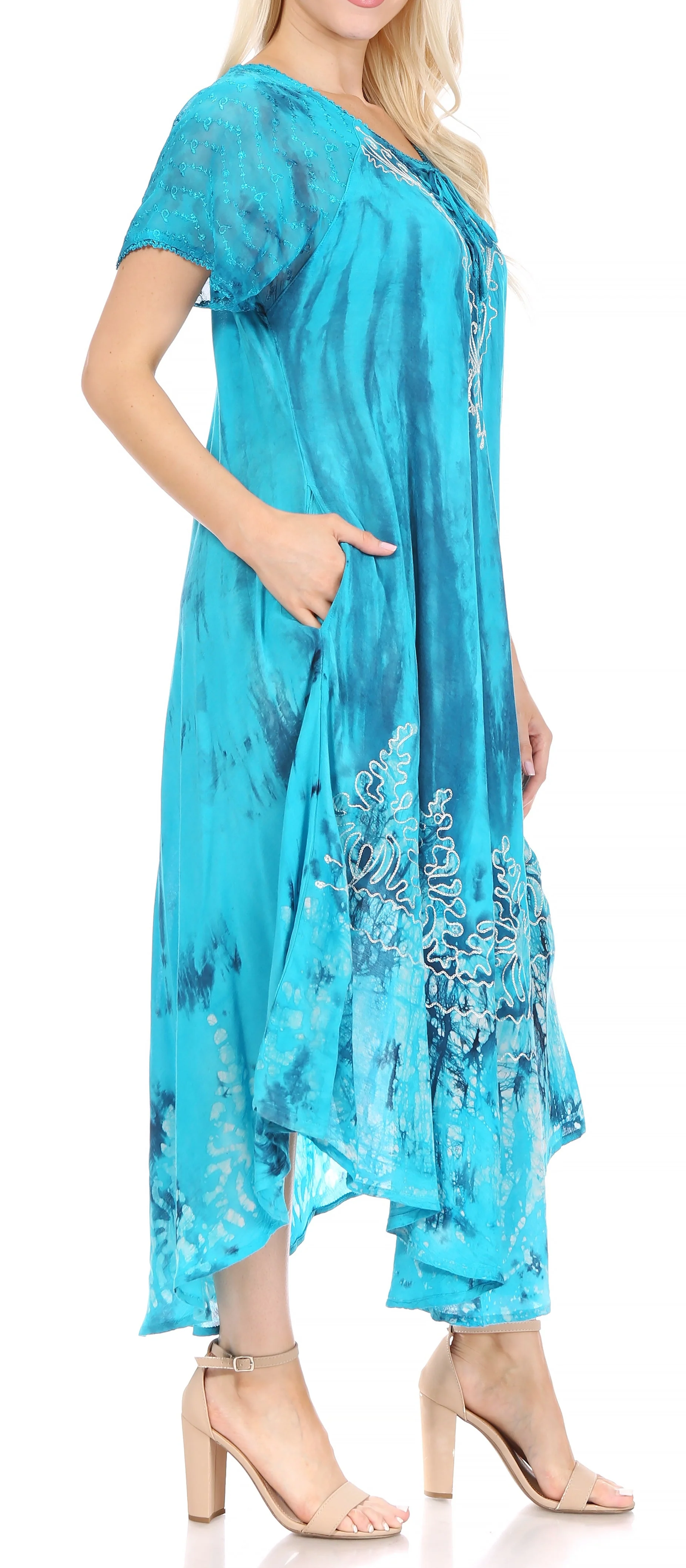Sakkas Ronny Lace Embroidered Cap Sleeve Tie Dye Wash Caftan Dress / Cover Up - Image 49