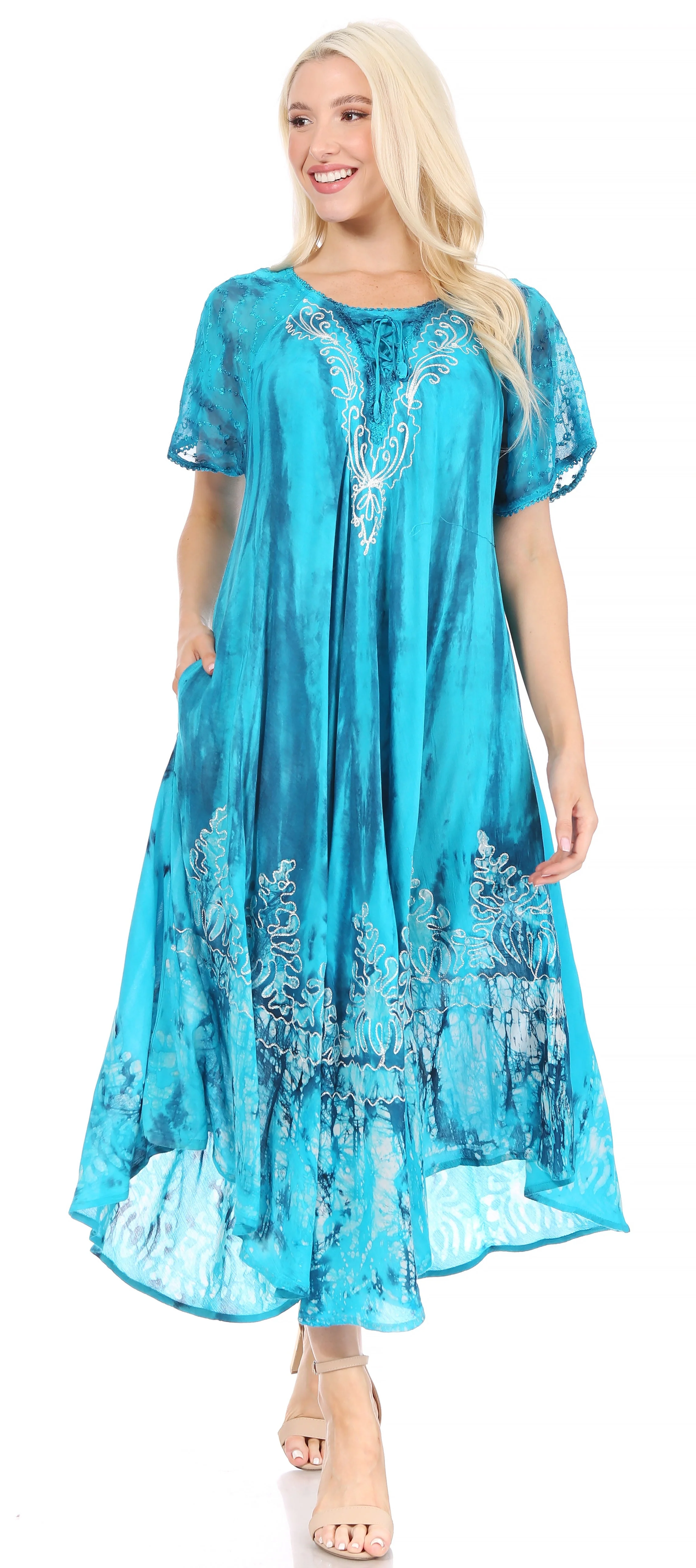 Sakkas Ronny Lace Embroidered Cap Sleeve Tie Dye Wash Caftan Dress / Cover Up - Image 50