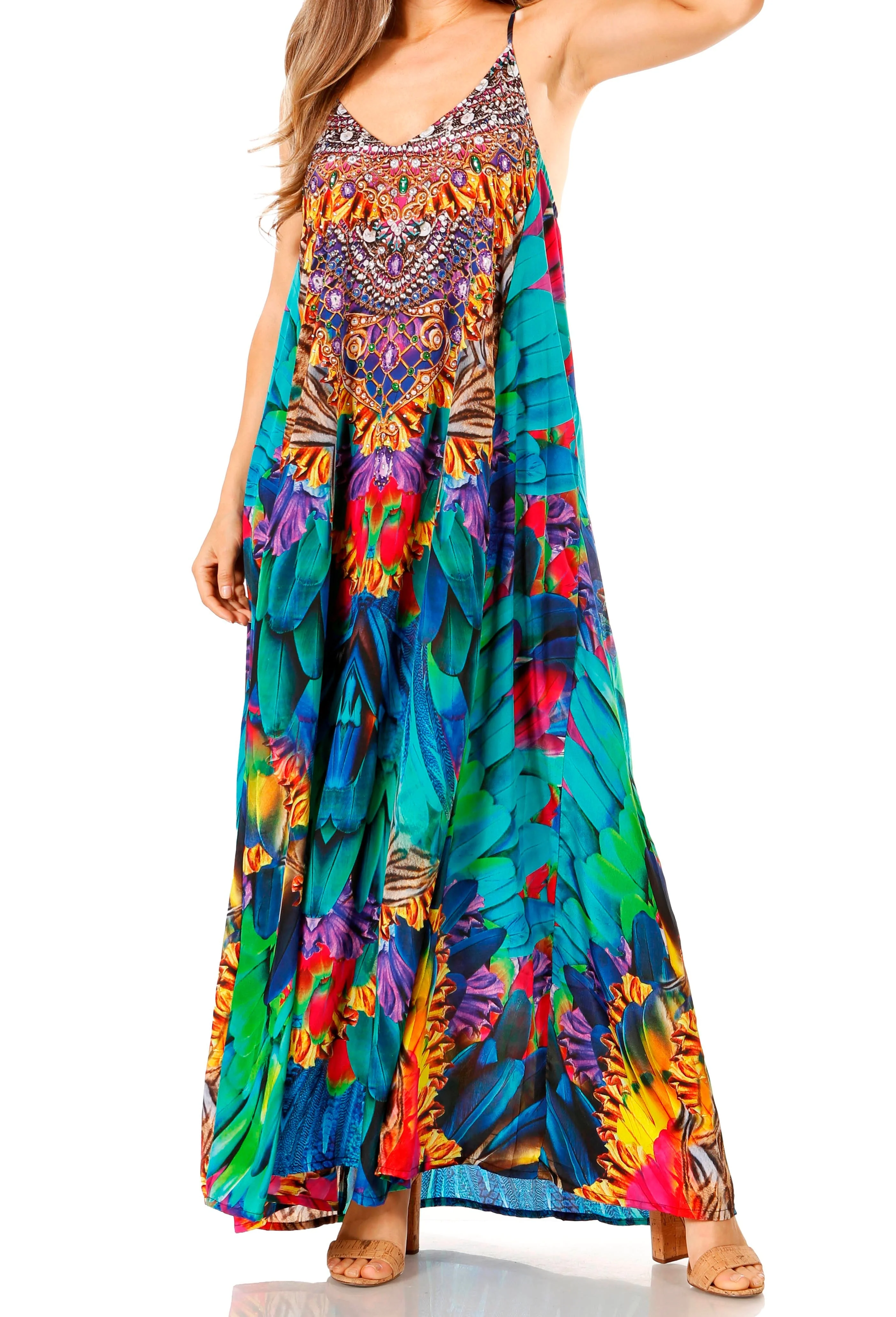 Sakkas Sofia Women's Spaghetti Strap V-neck Floral Print Summer Casual Maxi Dress - Image 106