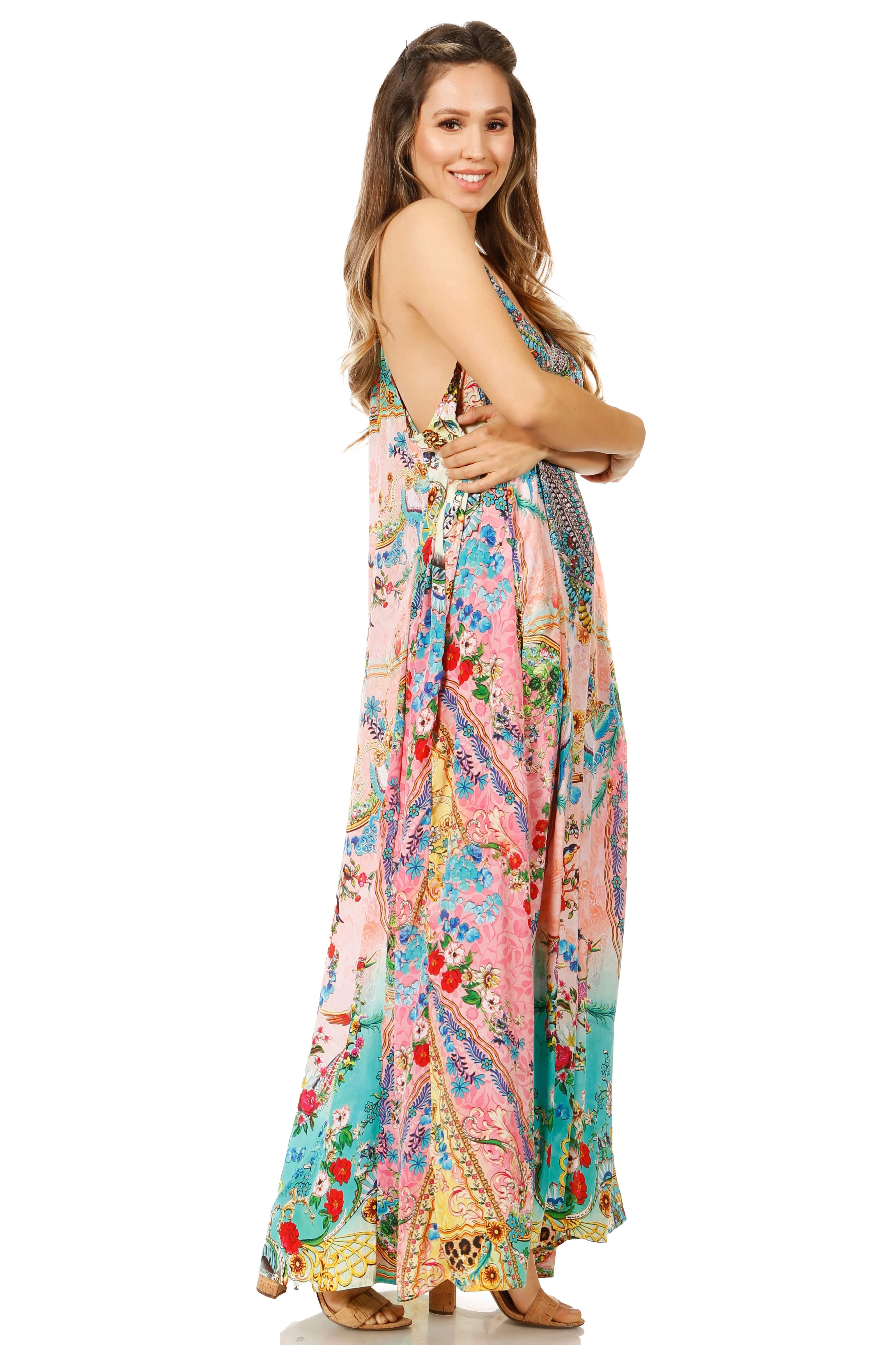 Sakkas Sofia Women's Spaghetti Strap V-neck Floral Print Summer Casual Maxi Dress - Image 114