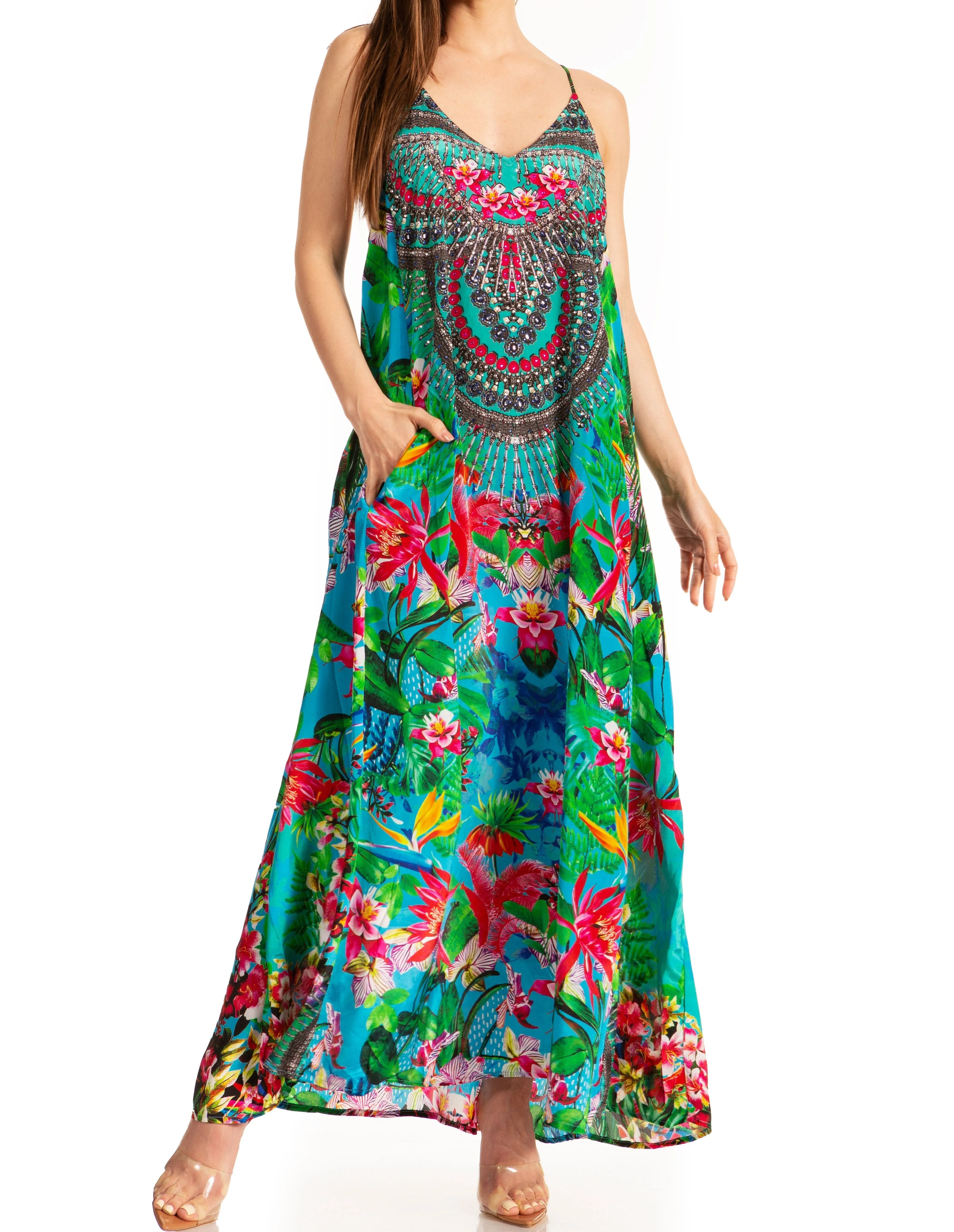 Sakkas Sofia Women's Spaghetti Strap V-neck Floral Print Summer Casual Maxi Dress - Image 31