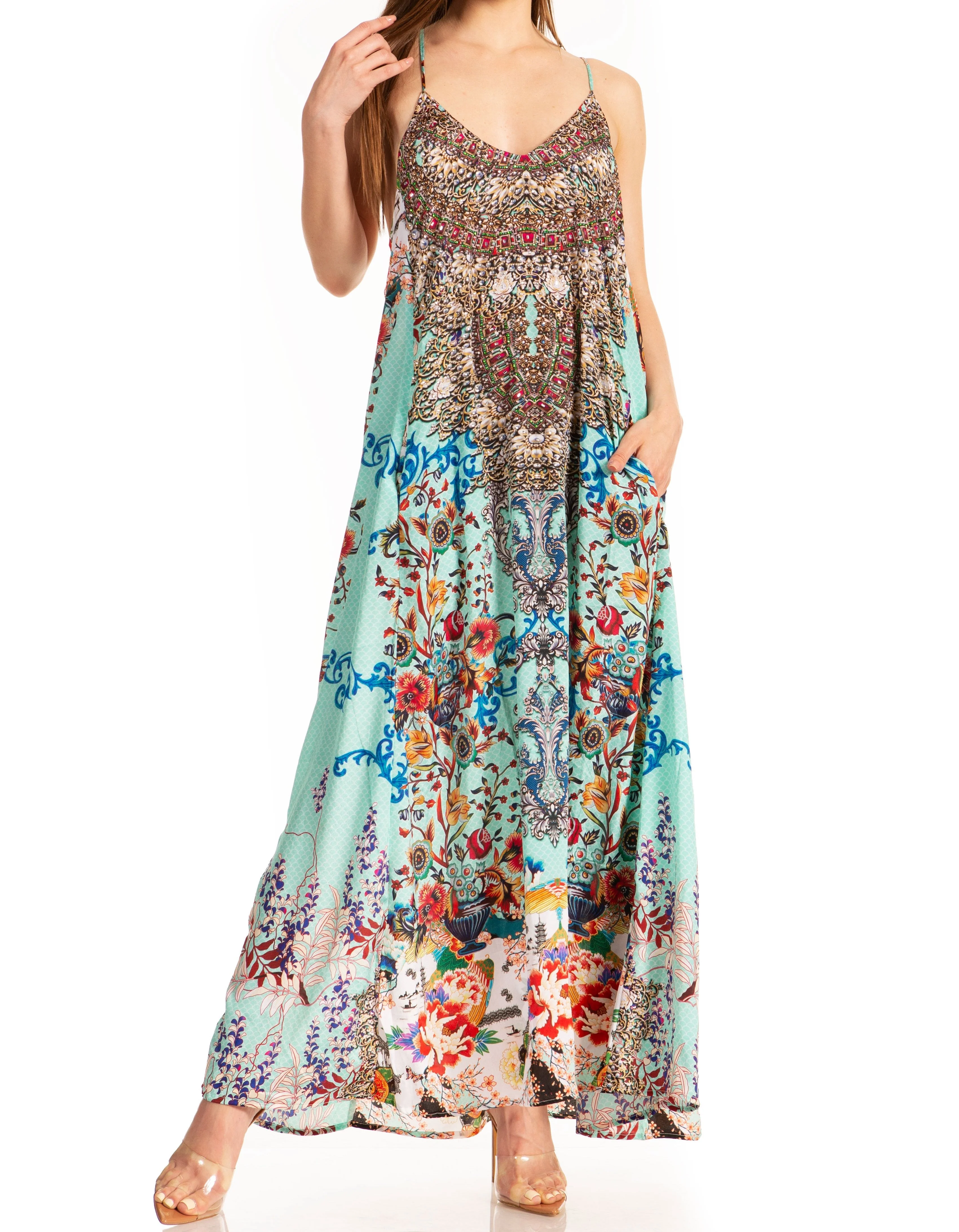 Sakkas Sofia Women's Spaghetti Strap V-neck Floral Print Summer Casual Maxi Dress - Image 36