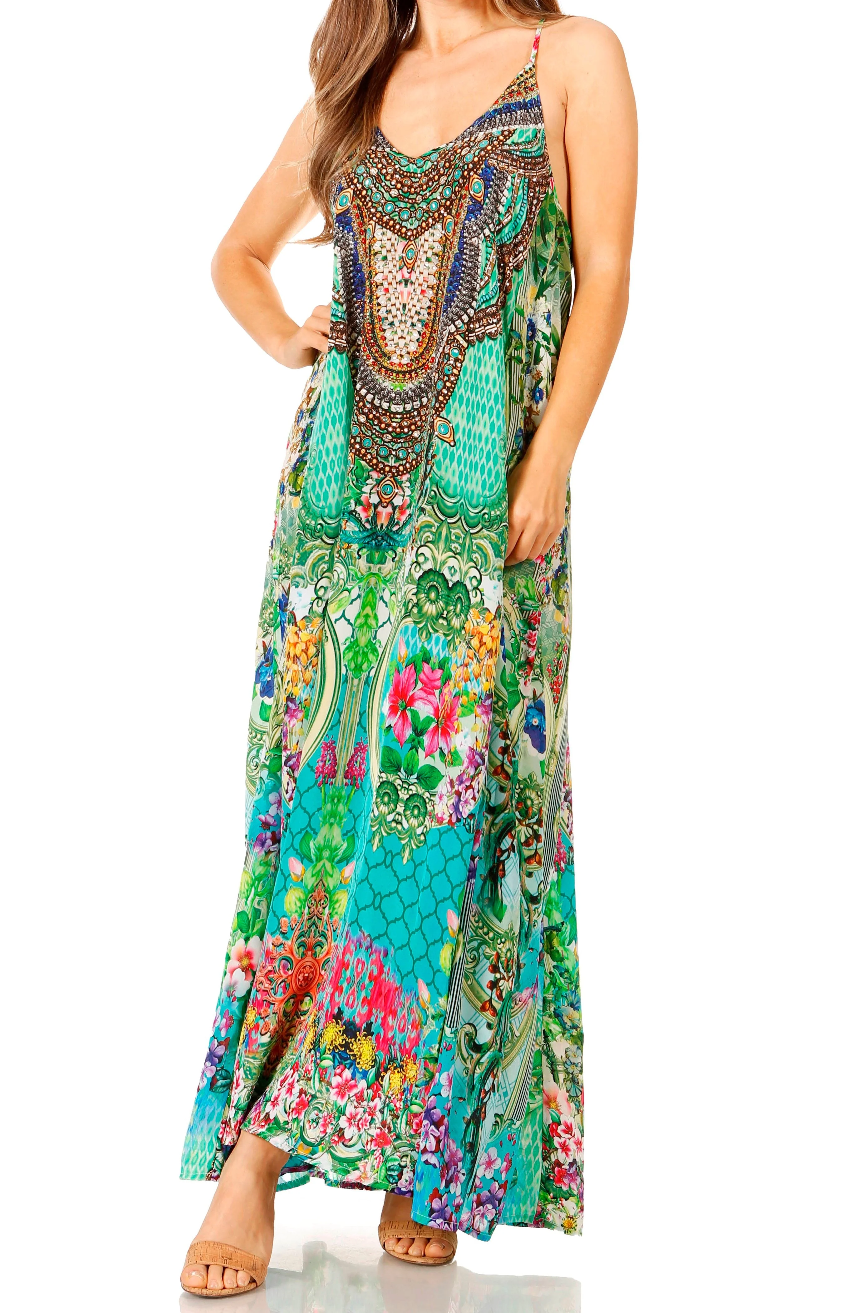 Sakkas Sofia Women's Spaghetti Strap V-neck Floral Print Summer Casual Maxi Dress - Image 66