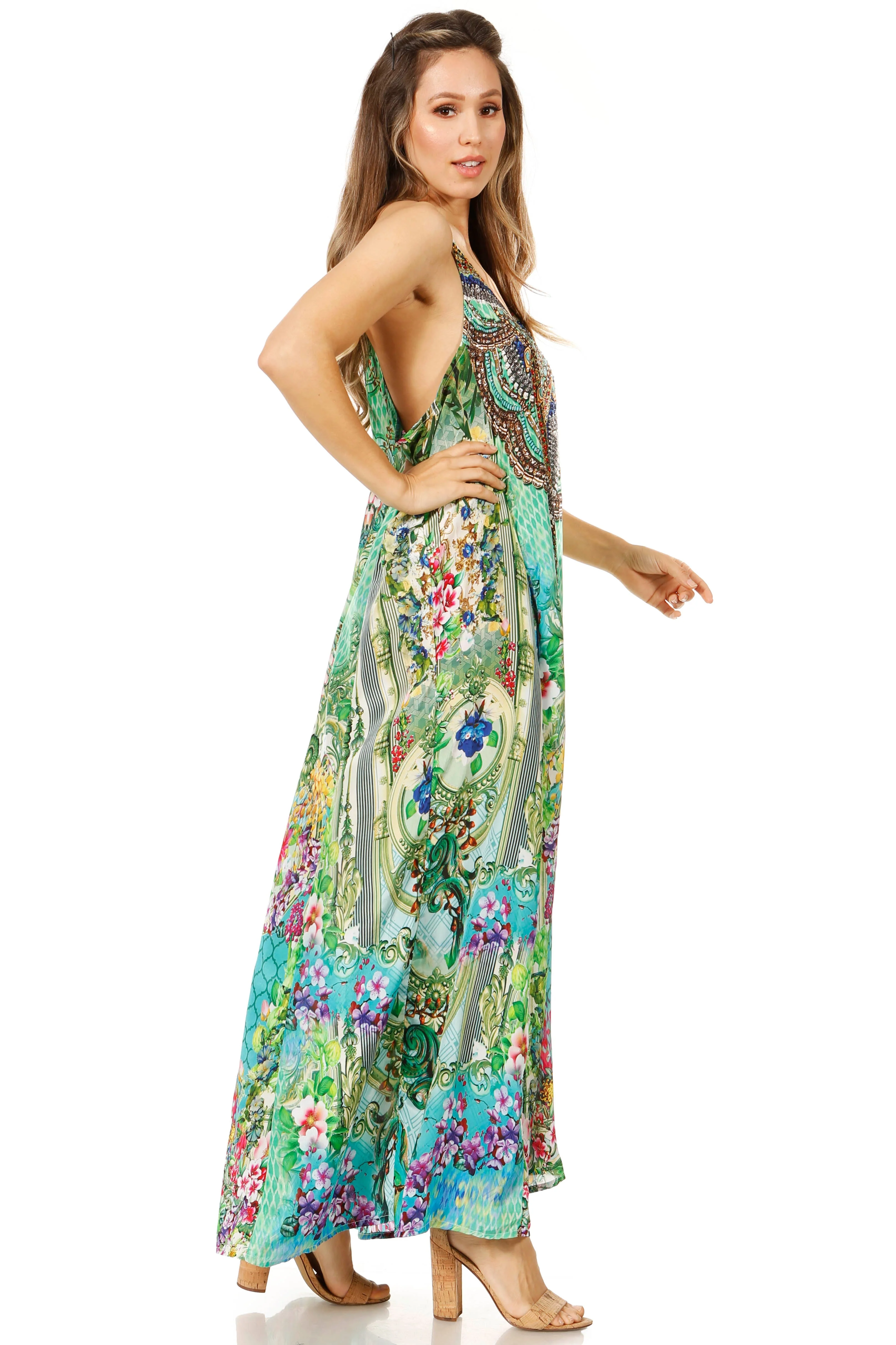 Sakkas Sofia Women's Spaghetti Strap V-neck Floral Print Summer Casual Maxi Dress - Image 69