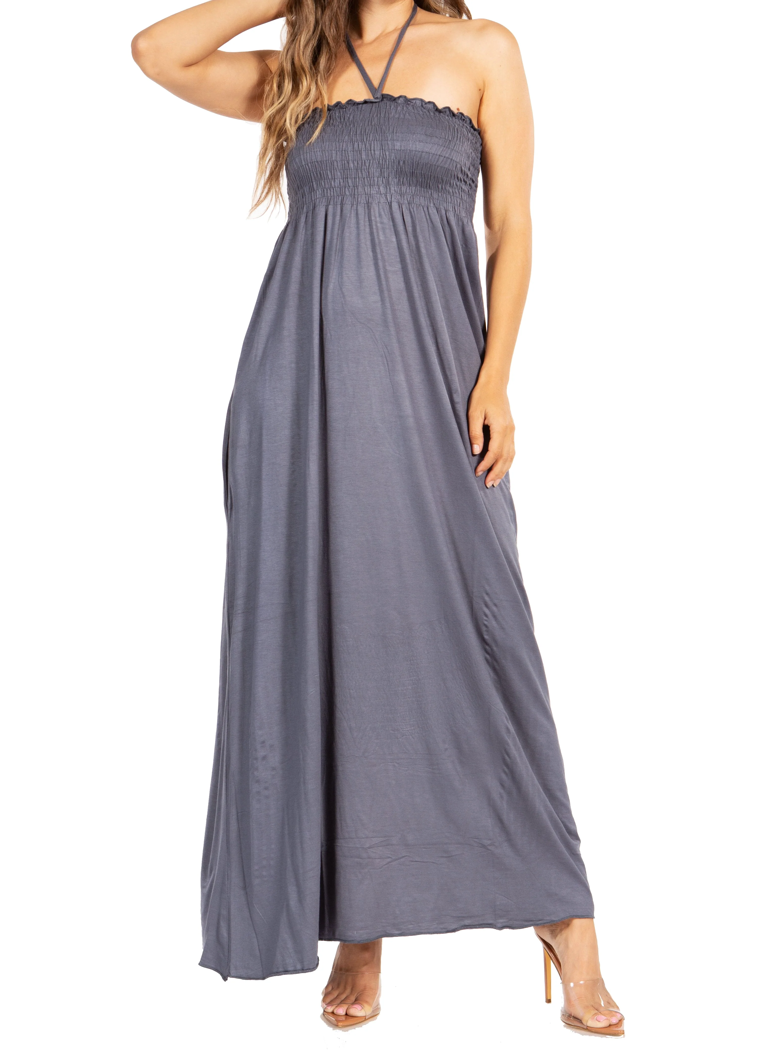 Sakkas Soft Jersey Feel Solid Color Smocked Bodice String Halter Long Dress - Image 16