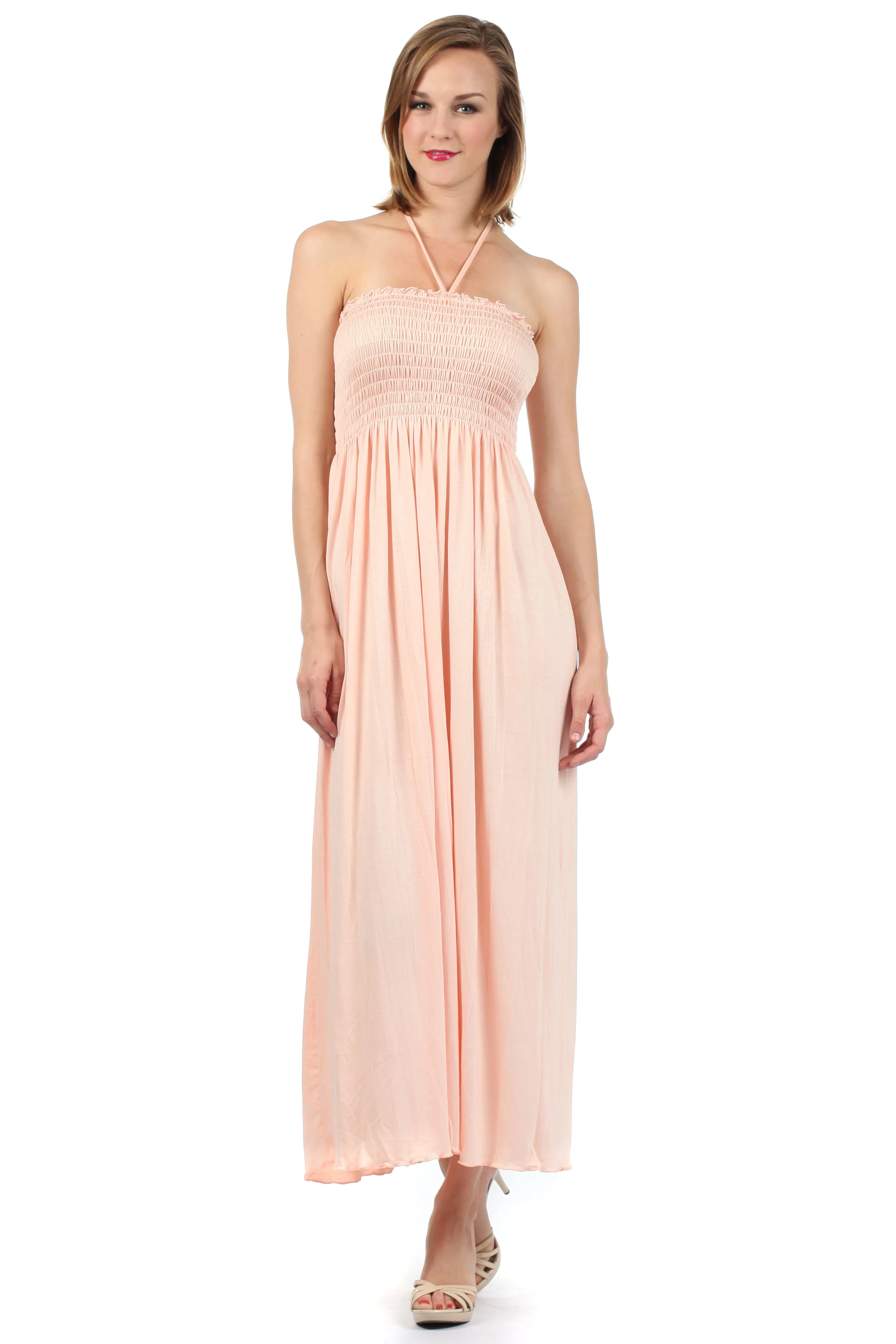 Sakkas Soft Jersey Feel Solid Color Smocked Bodice String Halter Long Dress - Image 36