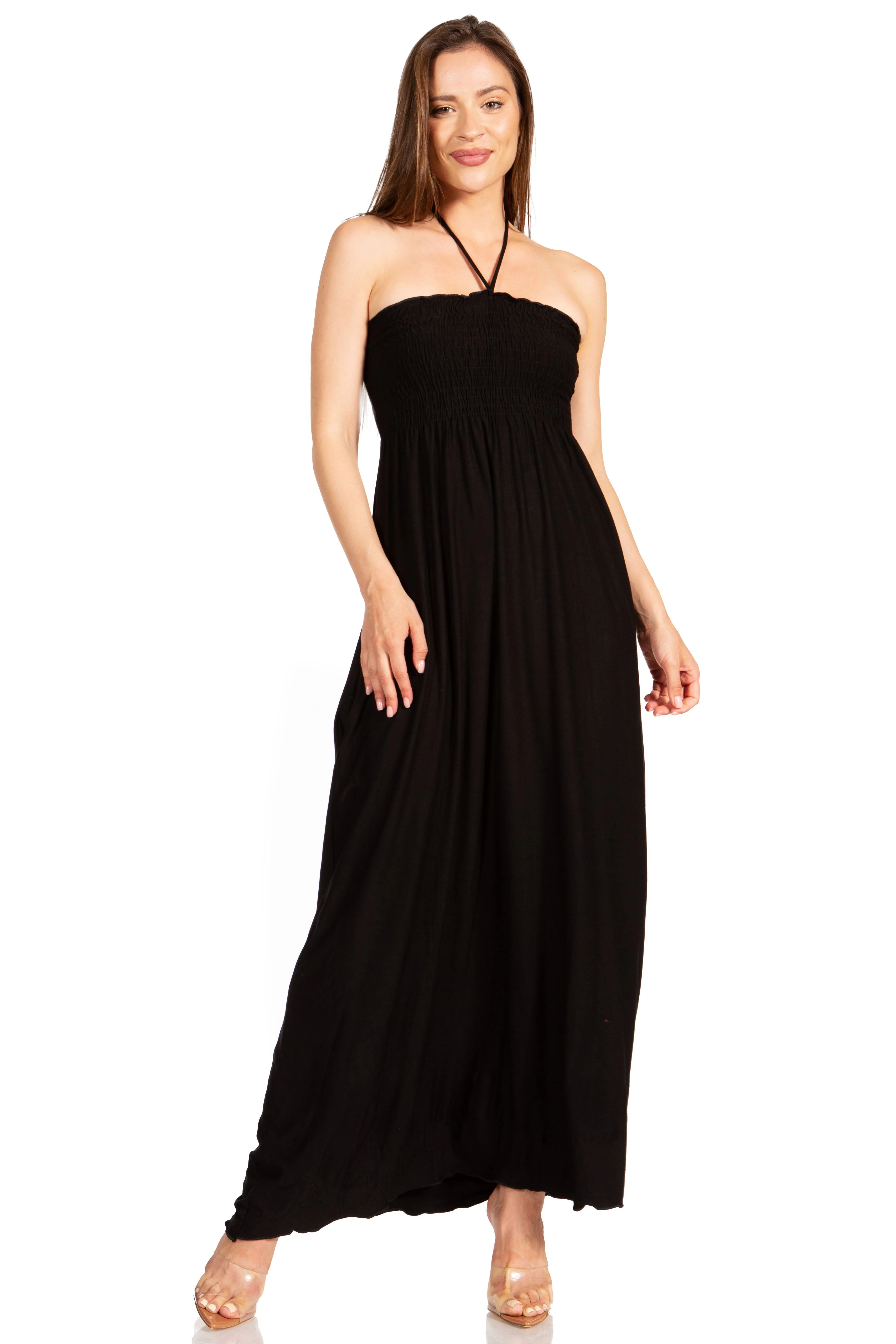 Sakkas Soft Jersey Feel Solid Color Smocked Bodice String Halter Long Dress - Image 5