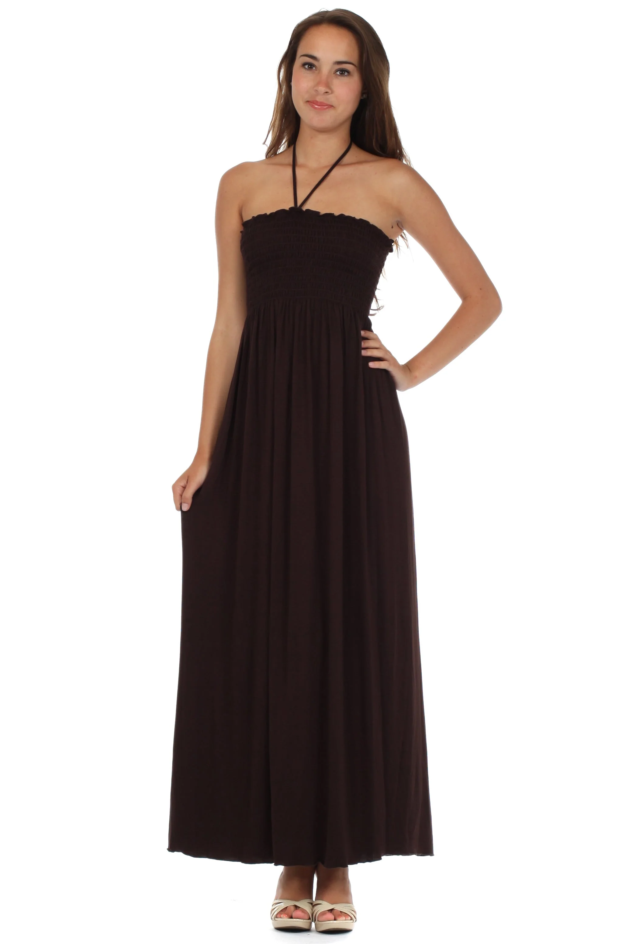 Sakkas Soft Jersey Feel Solid Color Smocked Bodice String Halter Long Dress - Image 6